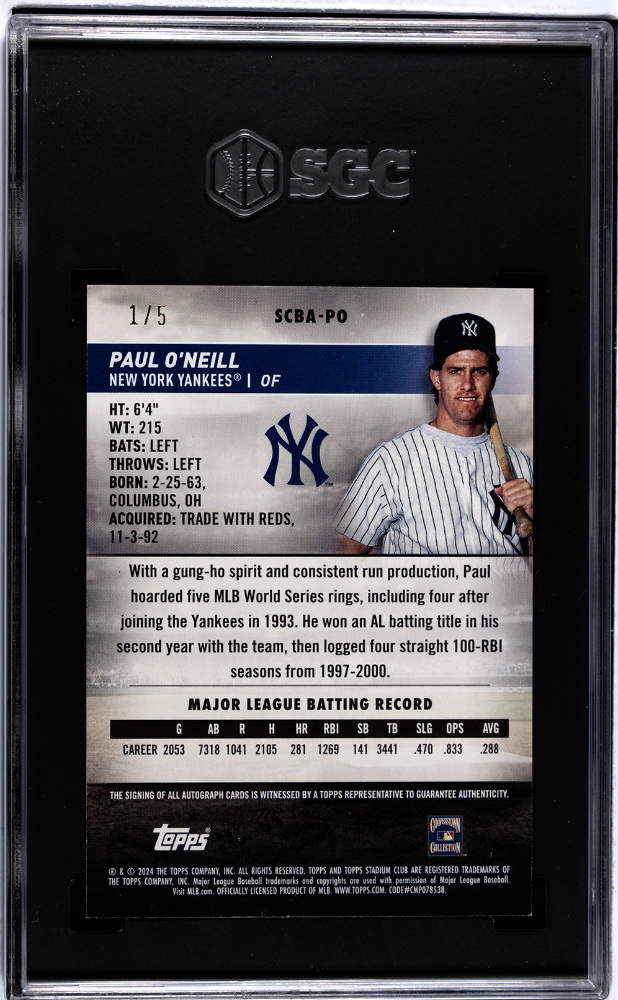 2024 Topps Stadium Club Paul O'neill #SCBA-PO Autograph Green Foil SGC 8 Auto 10