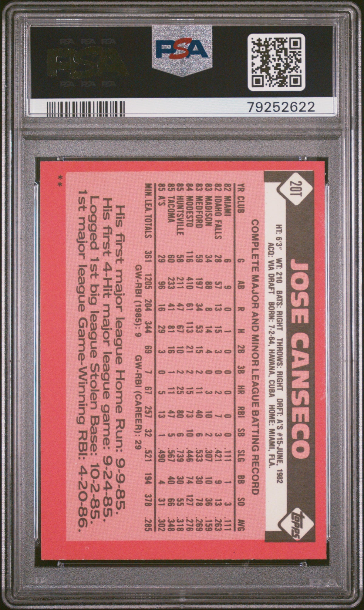 1986 Topps Traded Jose Canseco #20T PSA 8