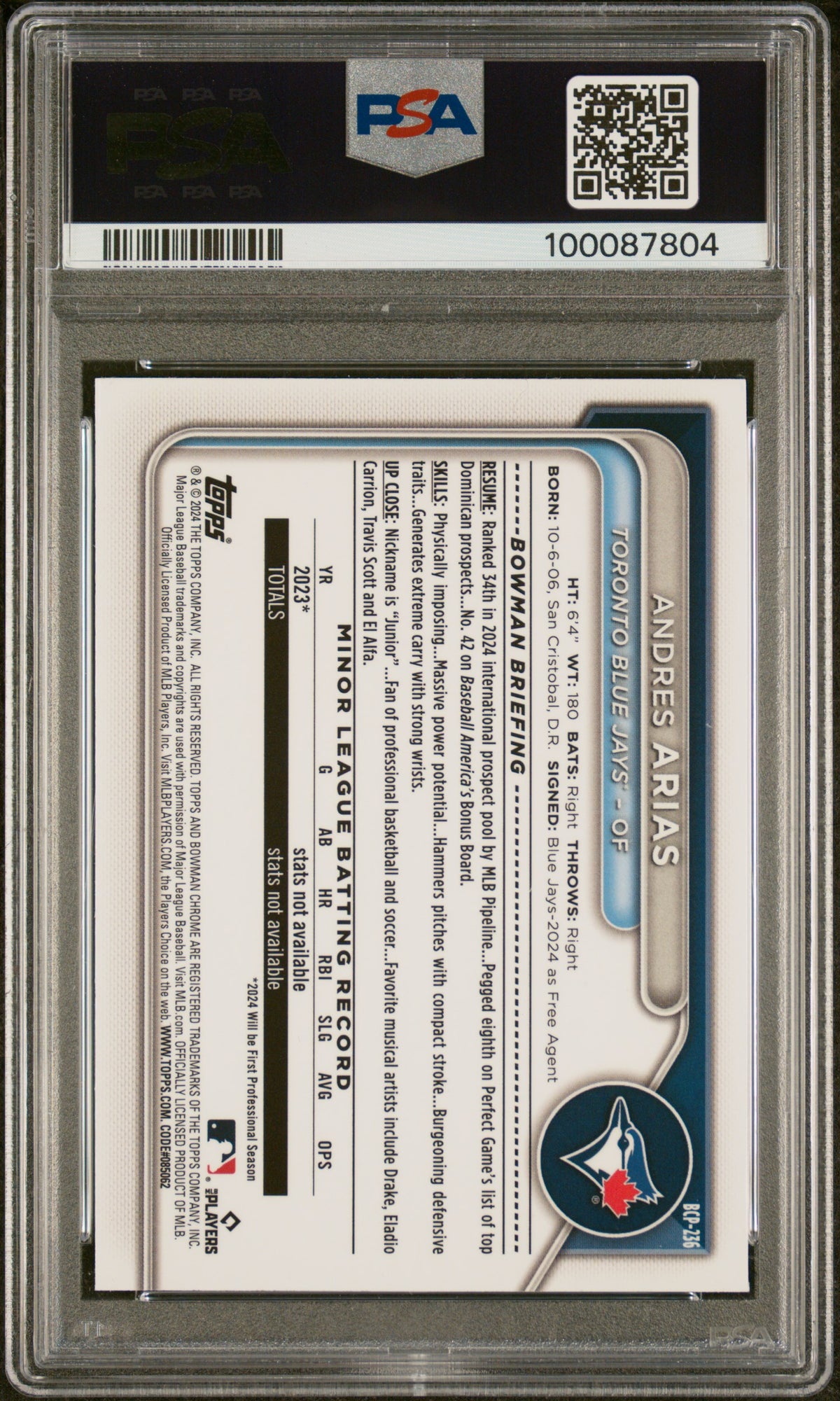 2024 Bowman Chrome Prospects Andres Arias #BCP236 Blue Refractor /150 PSA 10