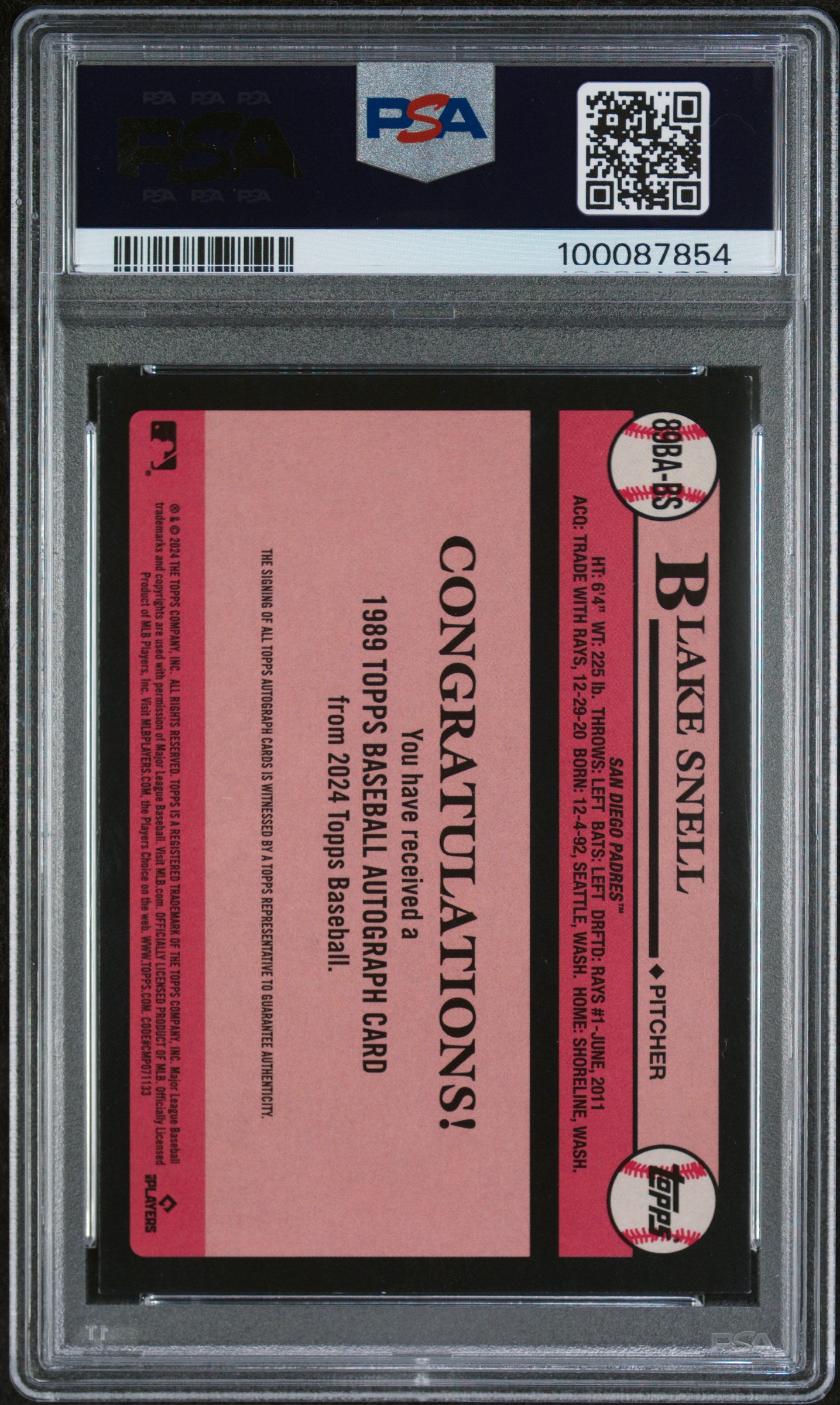 2024 Topps 1989 Topps Baseball Autographs Blake Snell #89BABS Series 2 PSA 7