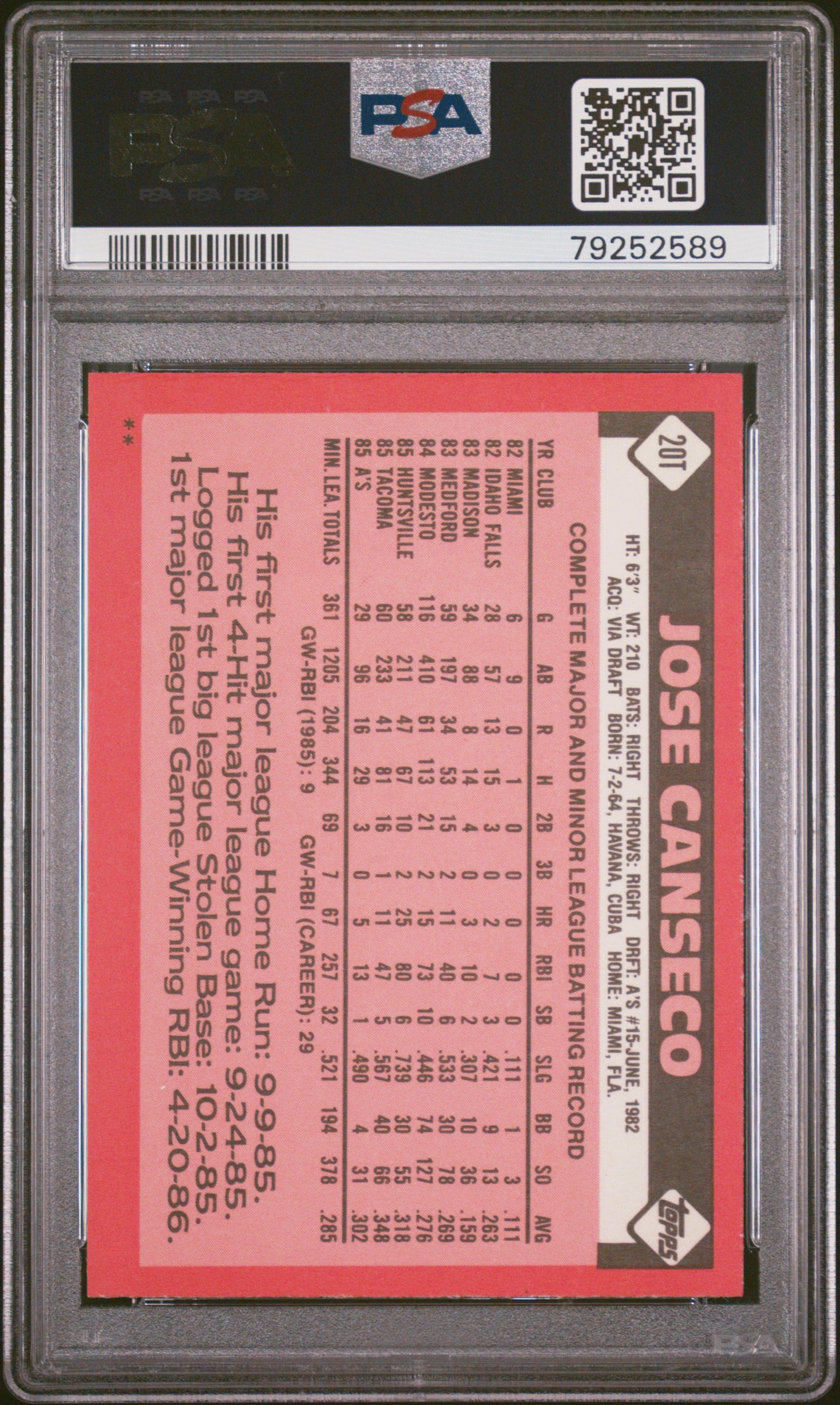 1986 Topps Traded Jose Canseco #20T PSA 8