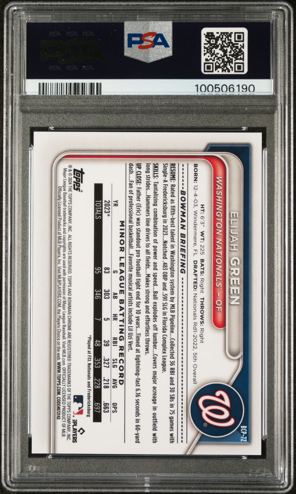 2024 Bowman Chrome Prospects Elijah Green #BCP72 Yellow Ref /75 PSA 10
