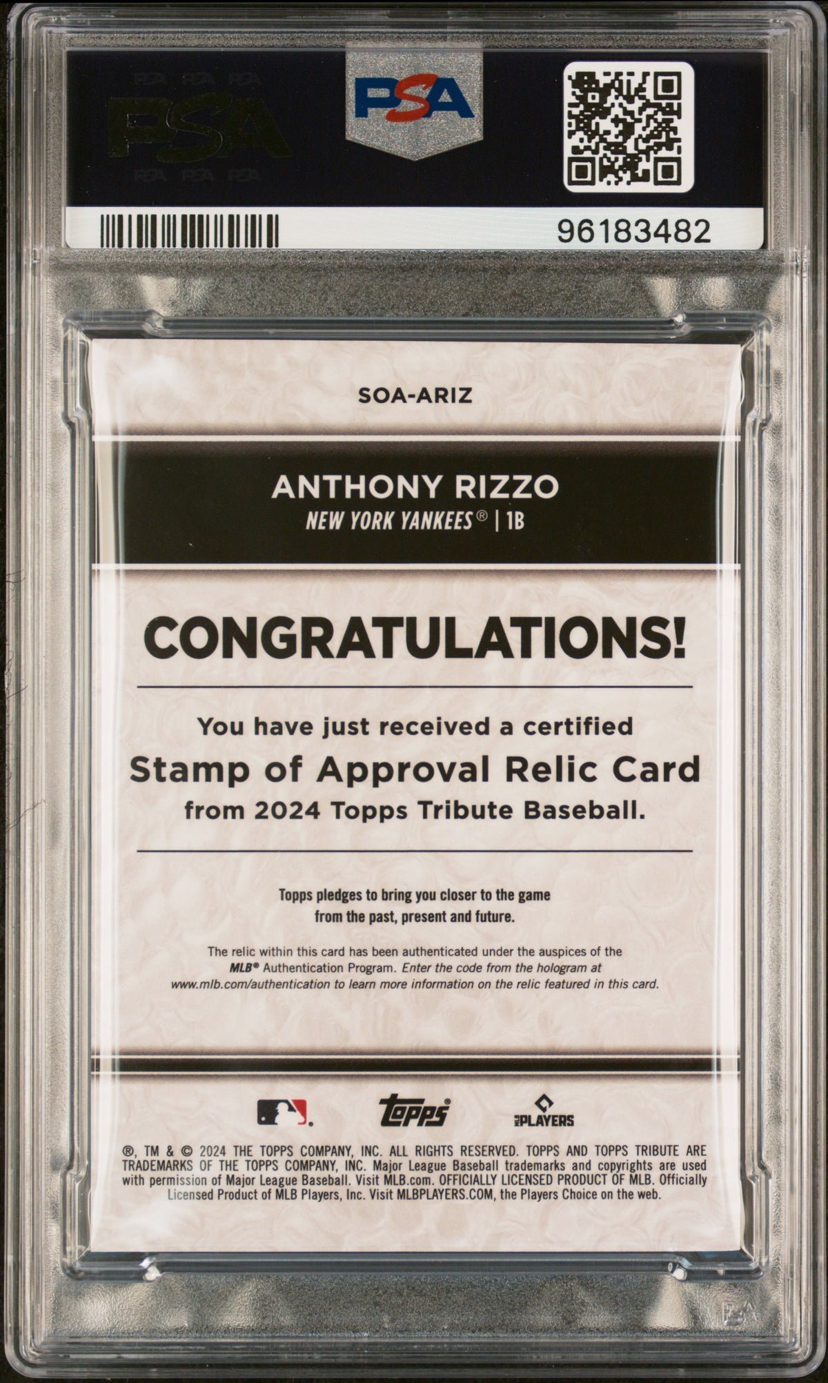 2024 Topps Tribute Stamp Of Relics Anthony Rizzo #SOAARIZ RLC Gold 56/75 PSA 9