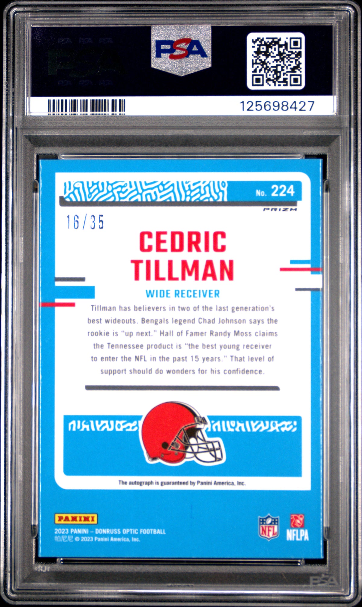 2023 Panini Donruss Optic Cedric Tillman #224 Autograph Purple PSA 10