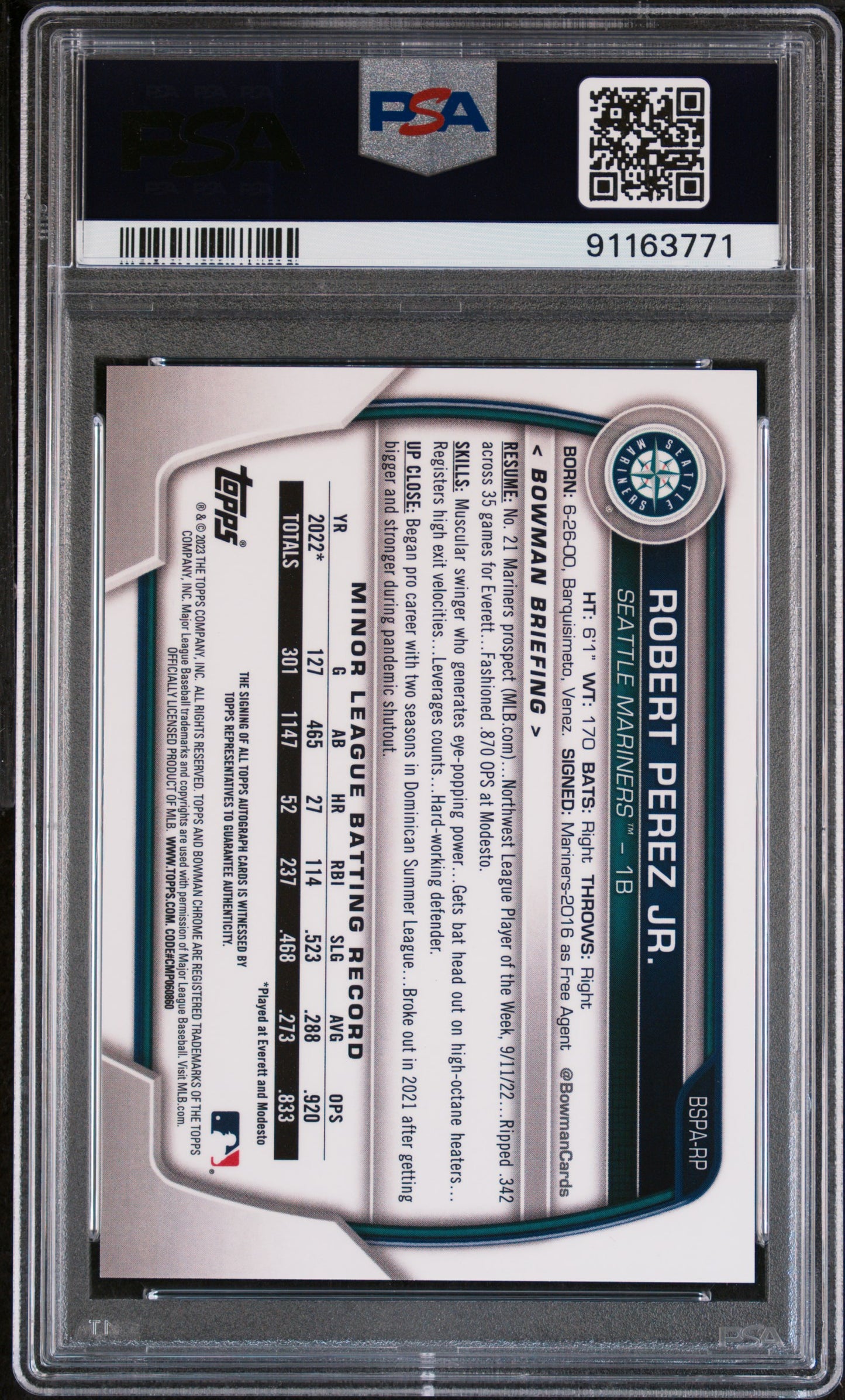 2023 Bowman Sapphire Chrome Prospects Auto Robert Perez JR. #BSPARP PSA 10