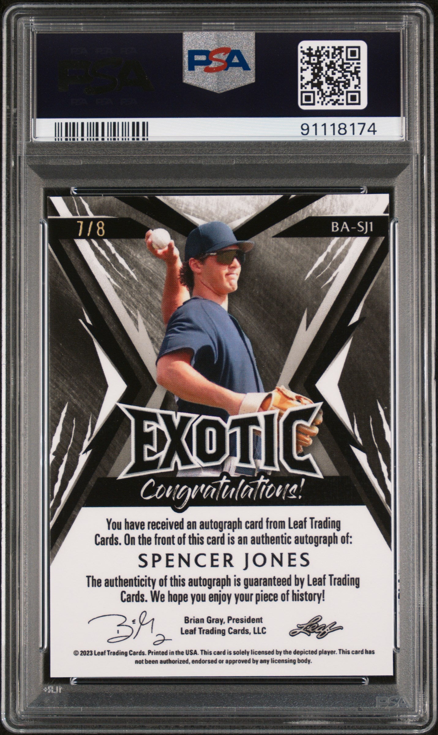 2023 Leaf Exotic Autographs Spencer Jones #BASJ1 Zebra Mojo PSA 9