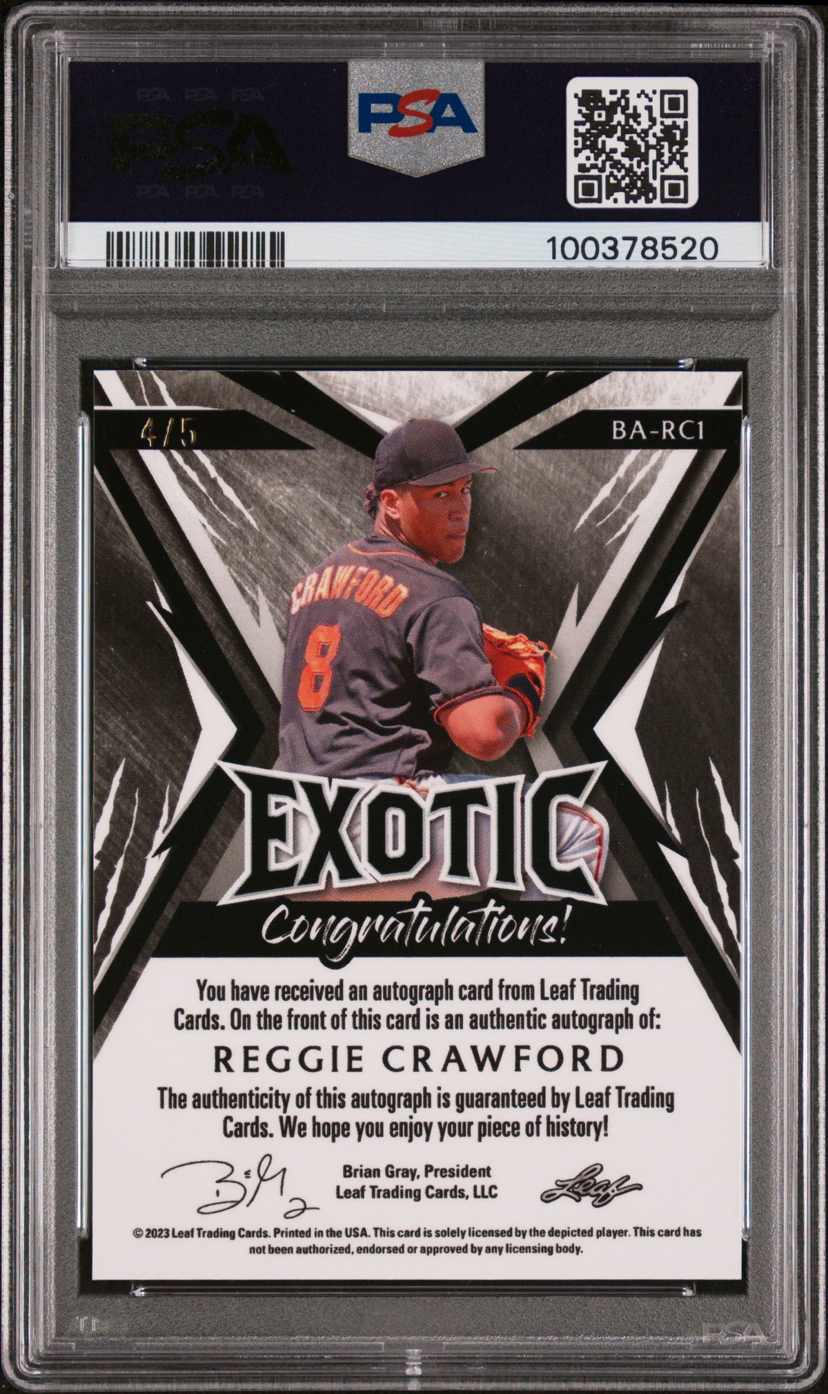 2023 Leaf Exotic Autographs Reggie Crawford #BARC1 Zebra Crystal PSA 10