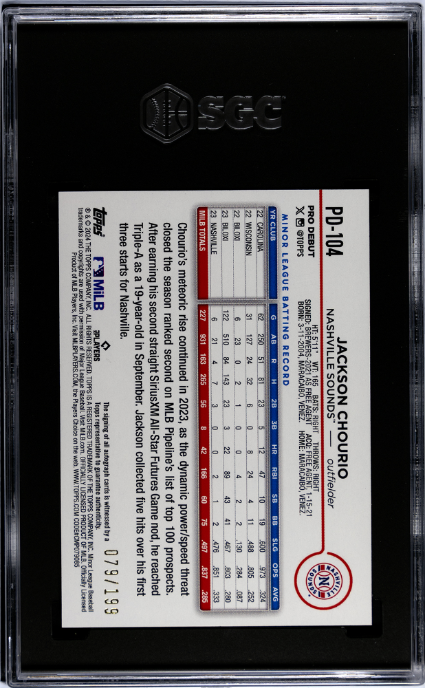 2024 Topps Pro Debut Jackson Chourio #PD-104 Auto Sparkle Foil SGC 10 Auto 10
