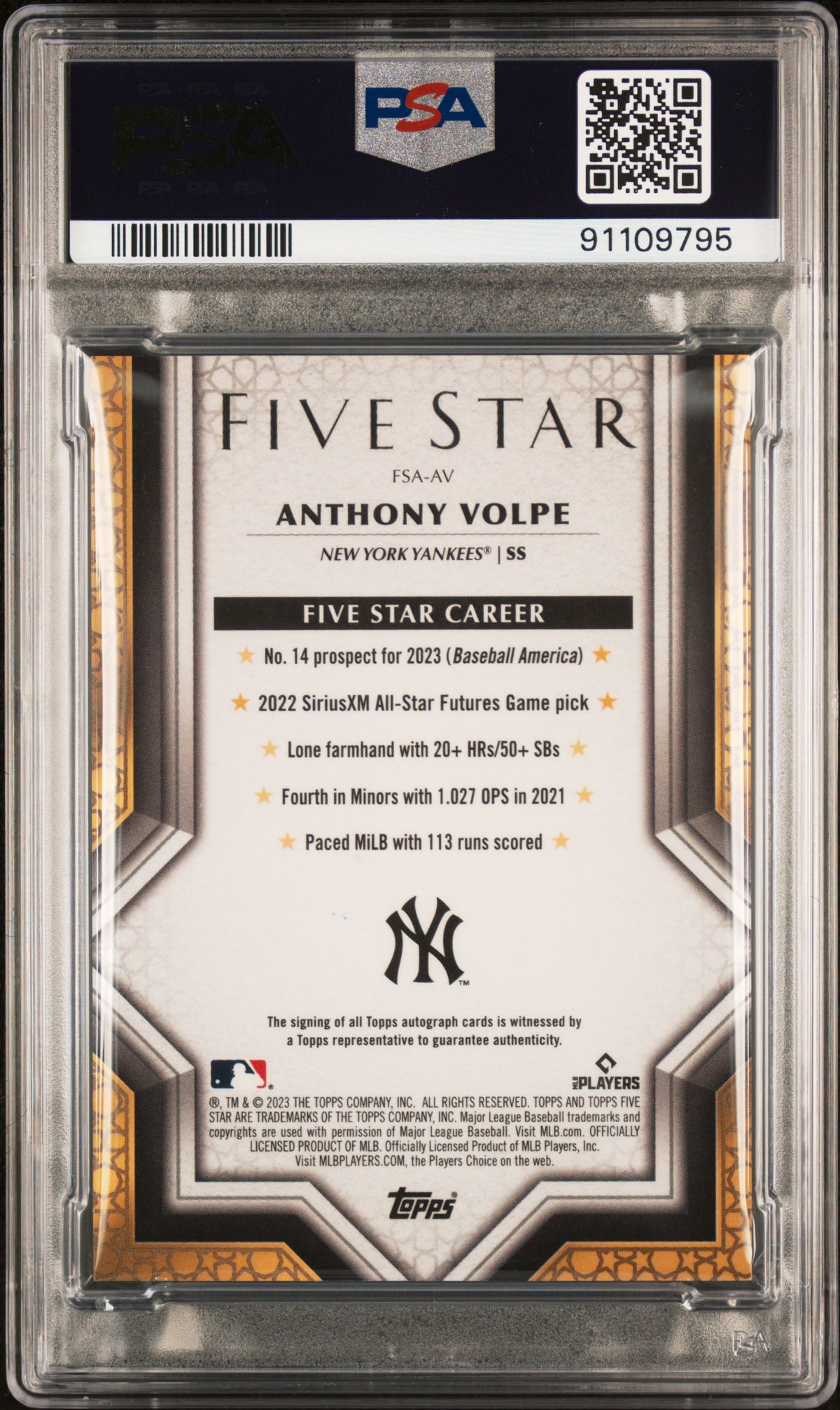 2023 Topps Five Star Autographs Anthony Volpe #FSAAV PSA 9