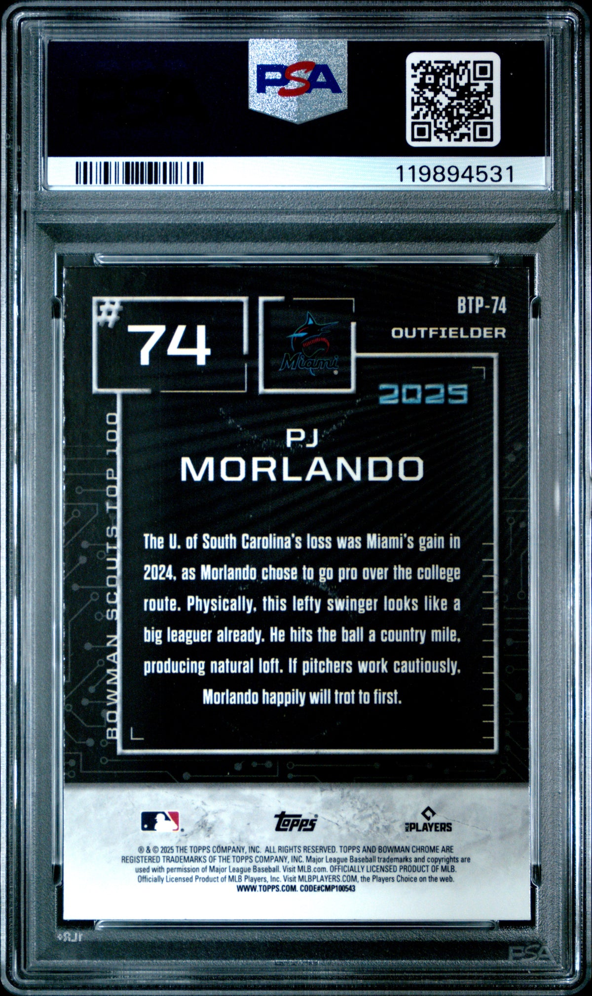 2025 Bowman Scouts' Top 100 PJ Morlando #BTP74 Mini Dia 078/150 PSA 9