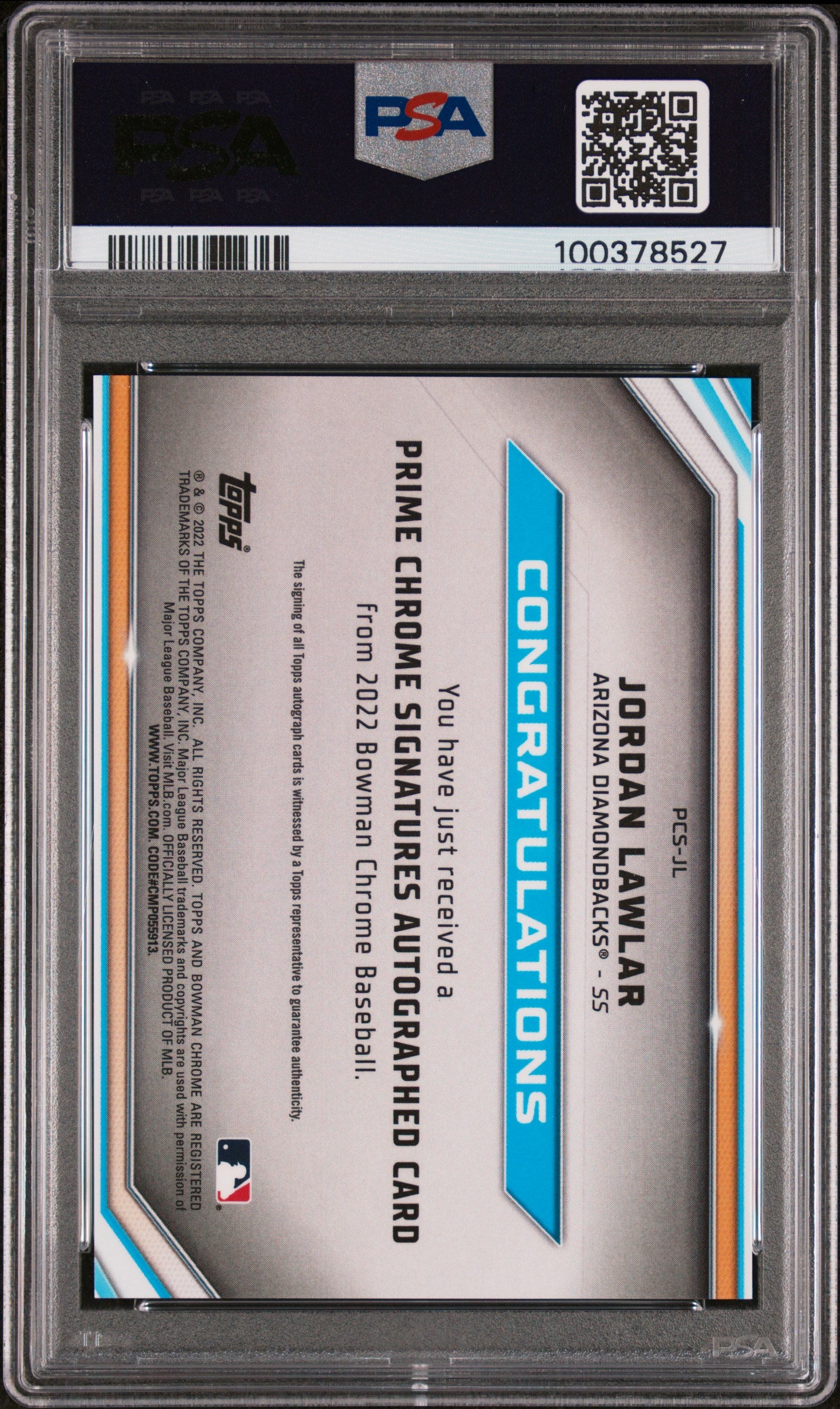 2022 Bowman Chrome Jordan Lawlar #PCSJL PR. CHR. SIG Org. Refractor /25 PSA 10