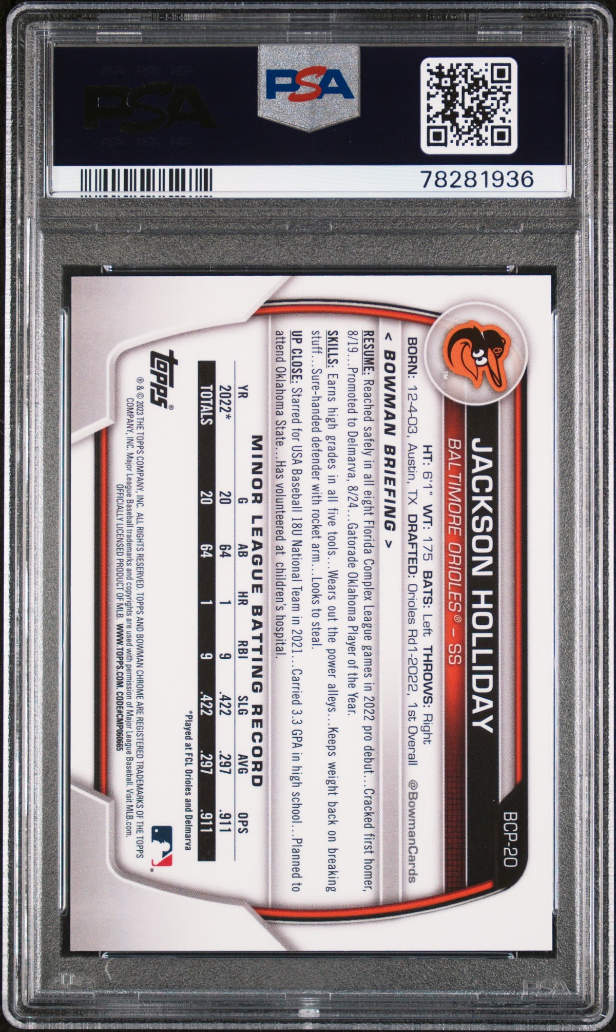 2023 Bowman Chrome Prospects Jackson Holliday f 050/125 PSA 10