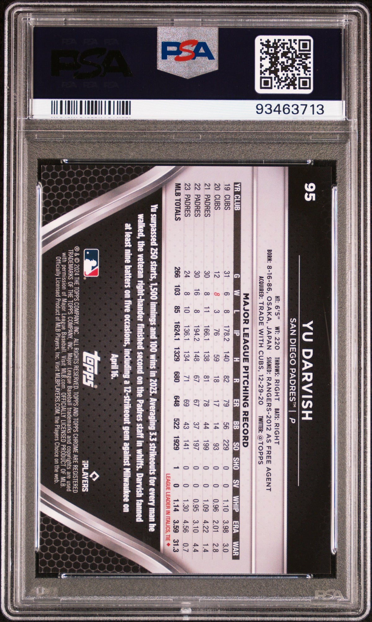 2024 Topps Chrome Black Yu Darvish #95 Green Wave 78/99 PSA 10