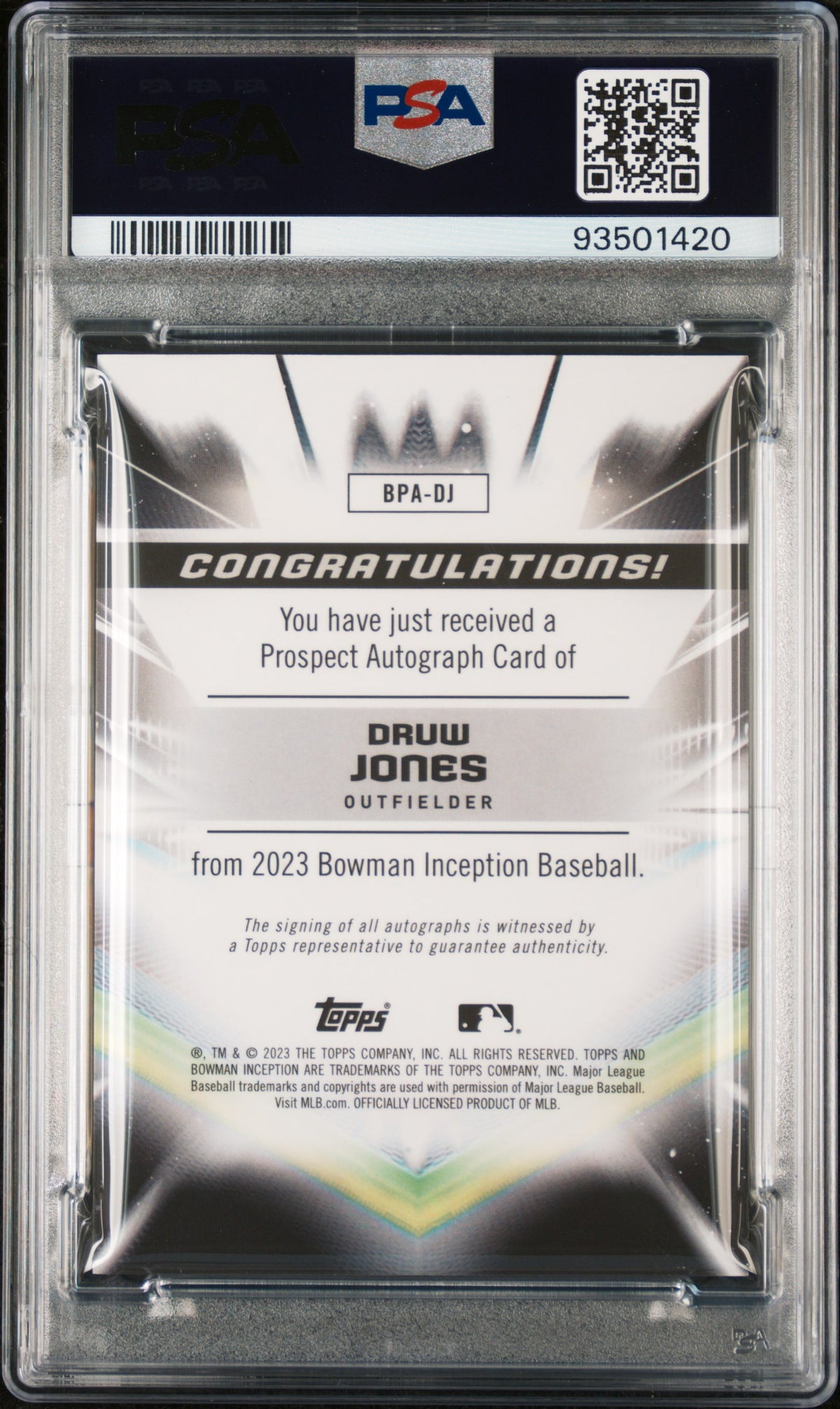 2023 Bowman Inception Autographs Druw Jones #BPADJ Gold Foil 12/50 PSA 9