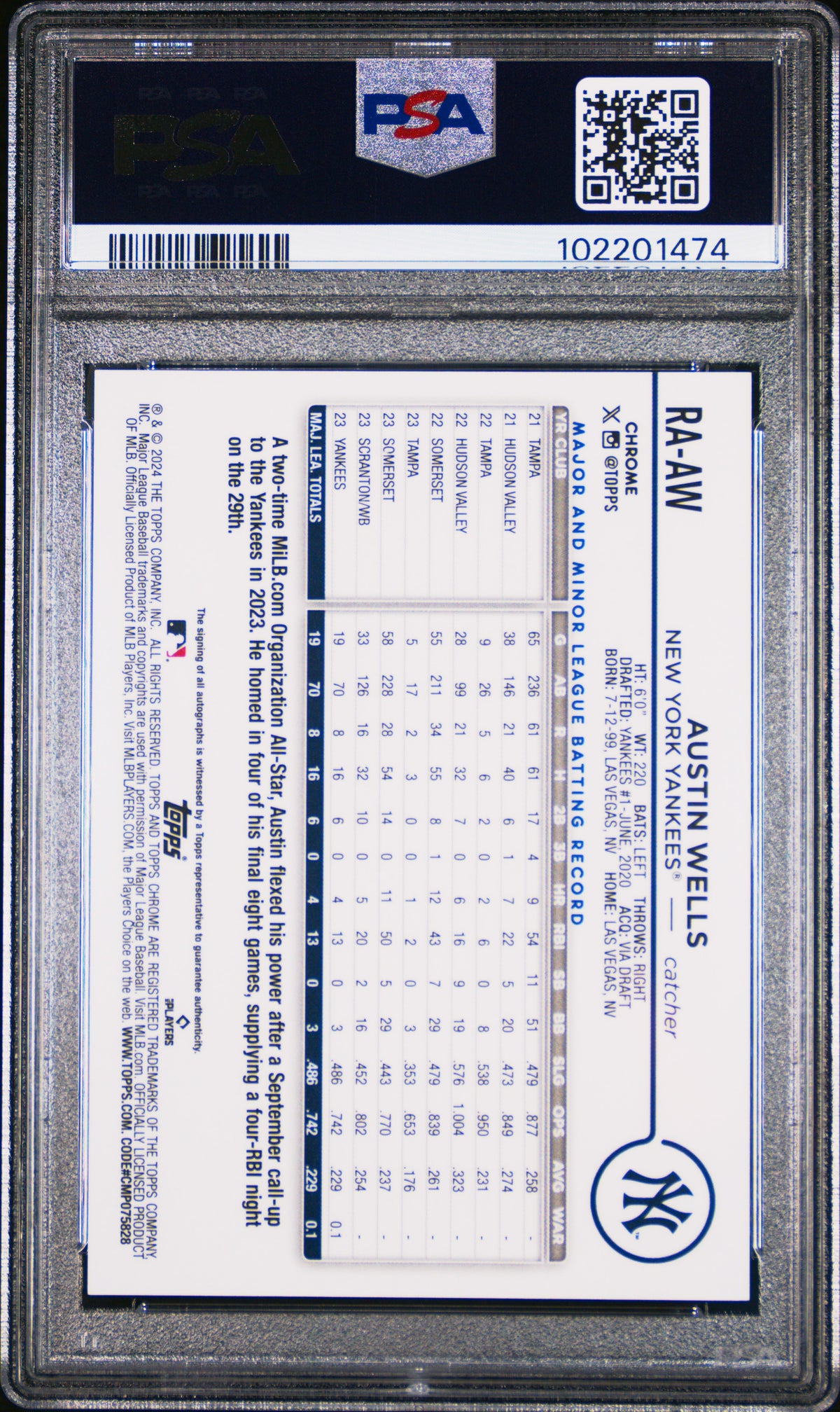 2024 Topps Chrome Rookie Autographs Austin Wells #RAAW PSA 10
