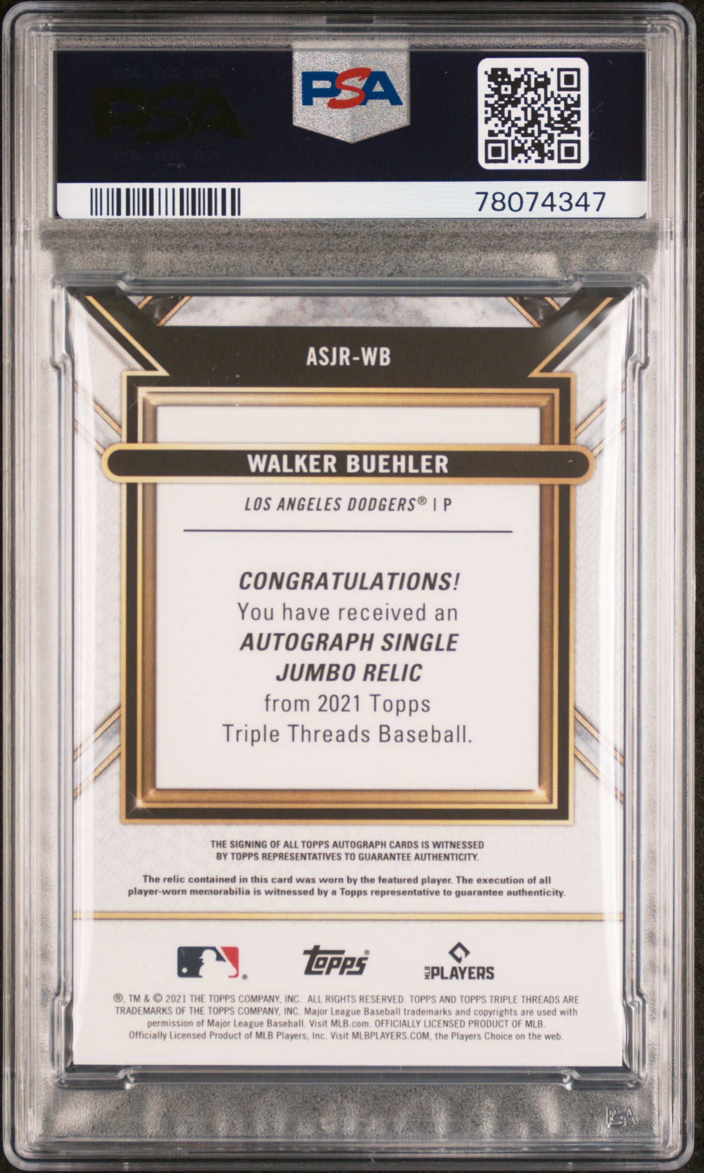 2021 Topps Triple Threads Auto Jumbo Relic Walker Buehler #ASJRWB Auto/99 PSA 9
