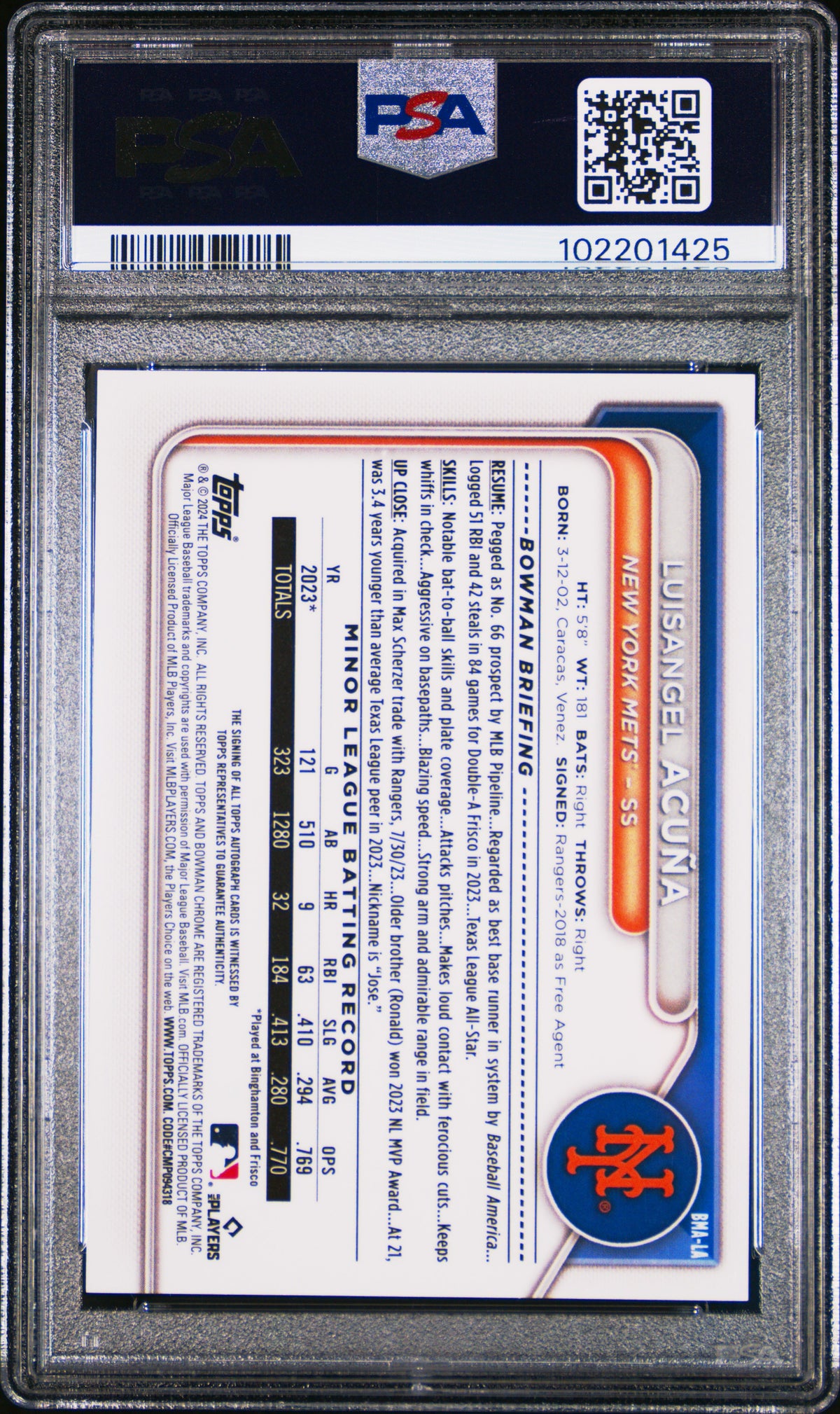 2024 Bowman Mega Box Auto Luisangel Acuna #LA Prospects Purple /199 PSA 9
