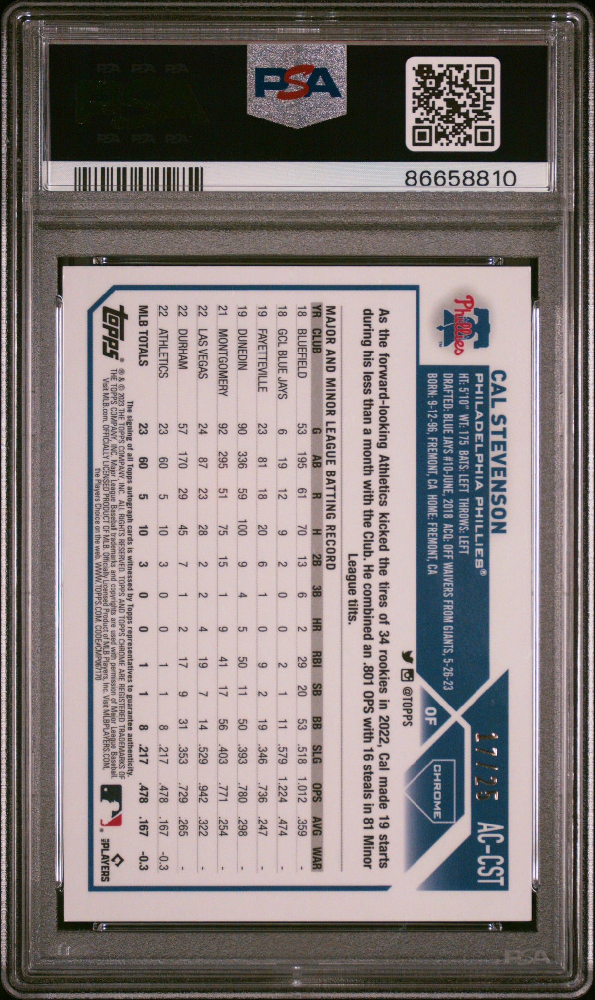 2023 Topps Chrome Update Autograph Cal Stevenson #ACCST Orange Ref PSA 10