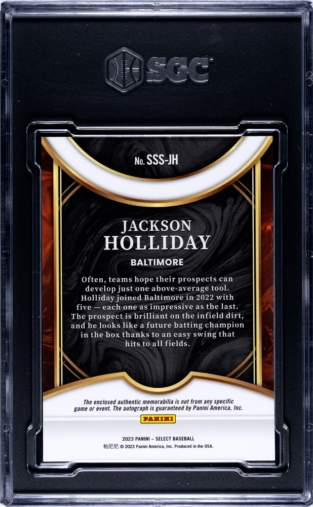 2023 Panini Select Jackson Holliday #SSS-JH Swatches Sigs. SGC 9