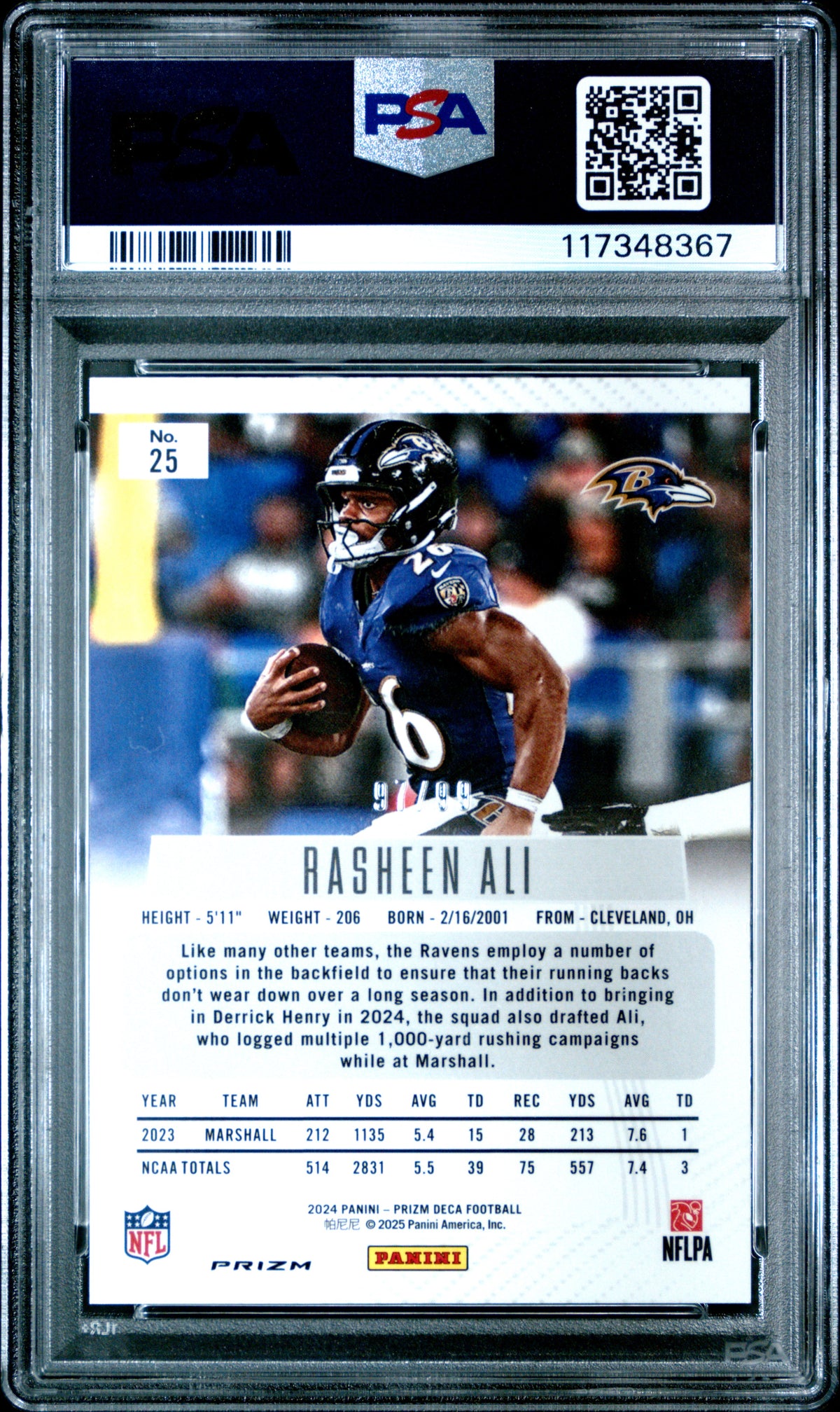 2024 Panini Prizm Deca Rasheen Ali #25 Purple PSA 7