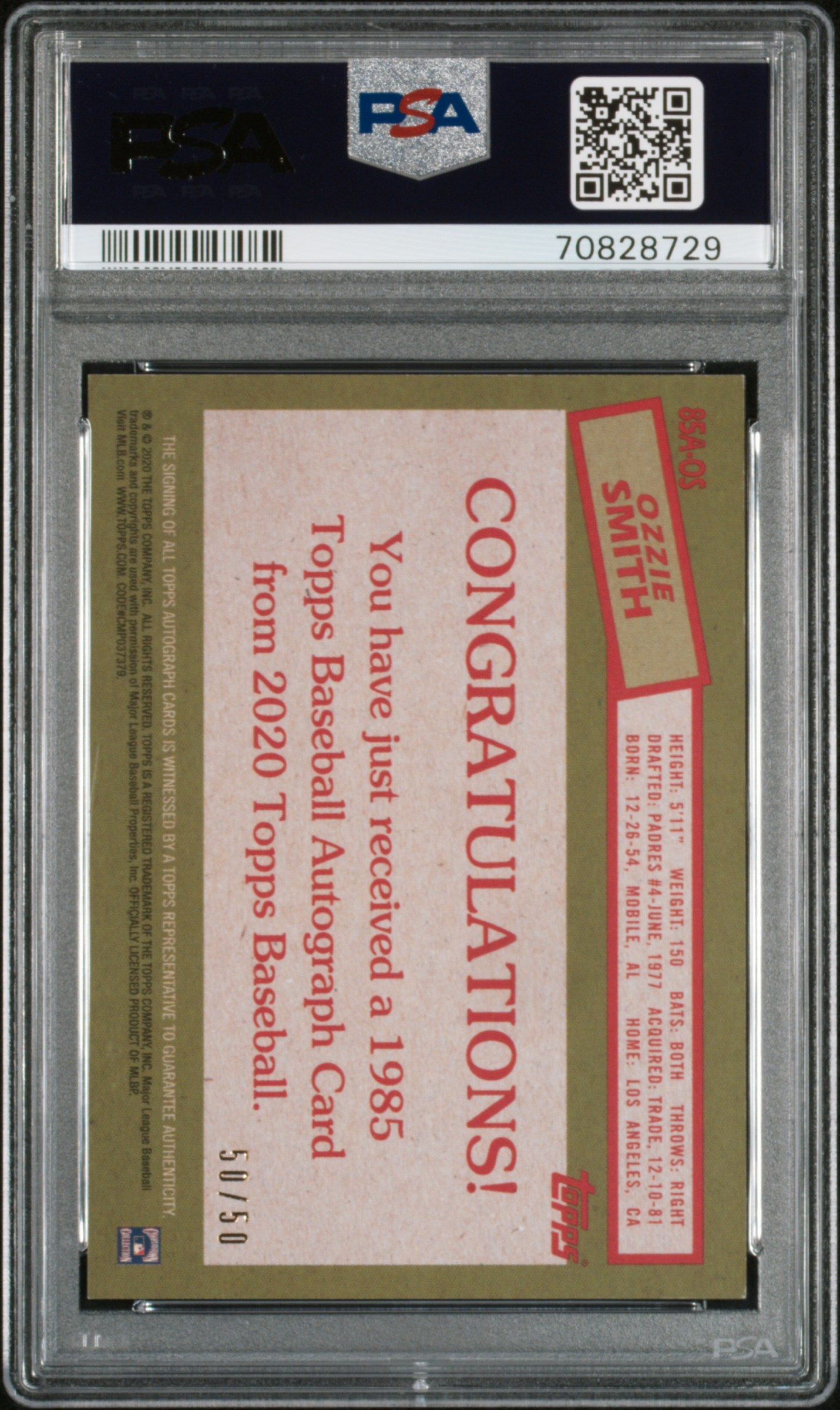 2020 Topps 1985 Topps 35th Anniversary Auto Ozzie Smith #85AOS '85 Gold PSA 8