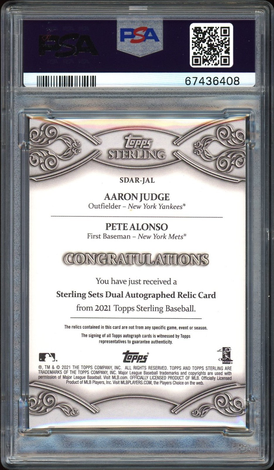 2021 Topps Sterling Dual Autograph Relics A. Judge P. Alonso #JAL 03/10 PSA 9