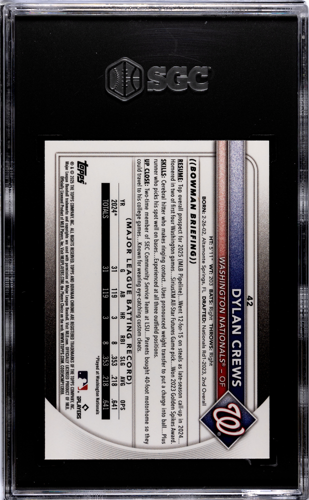 2025 Bowman Dylan Crews #42 Red Rookie Redemption SGC 9.5