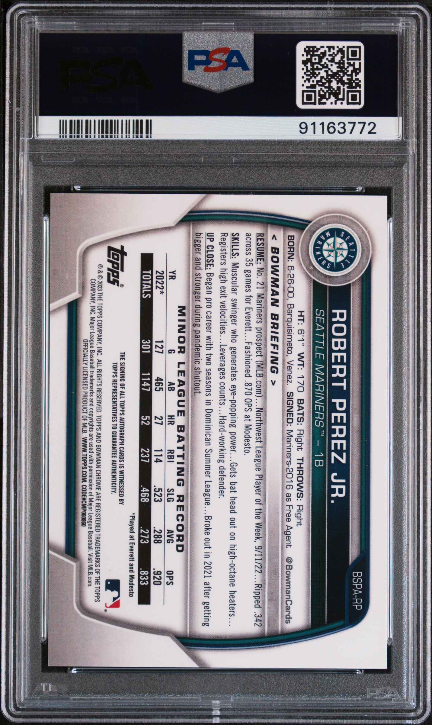 2023 Bowman Sapphire Edition Prospects Aut Robert Perez JR. #BSPARP Green /50 P