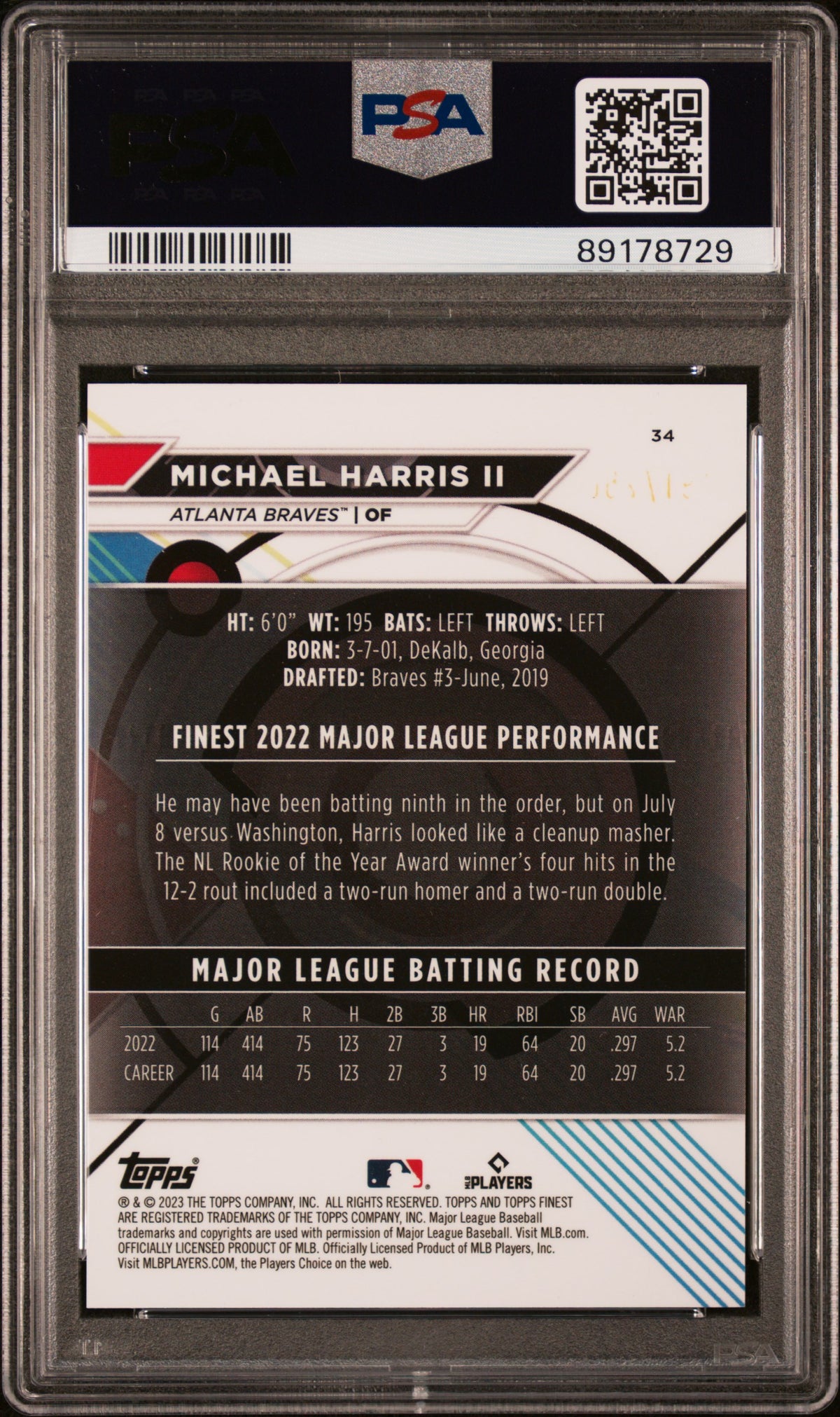 2023 Topps Finest Michael Harris II #34 Purple 190/250 PSA 10