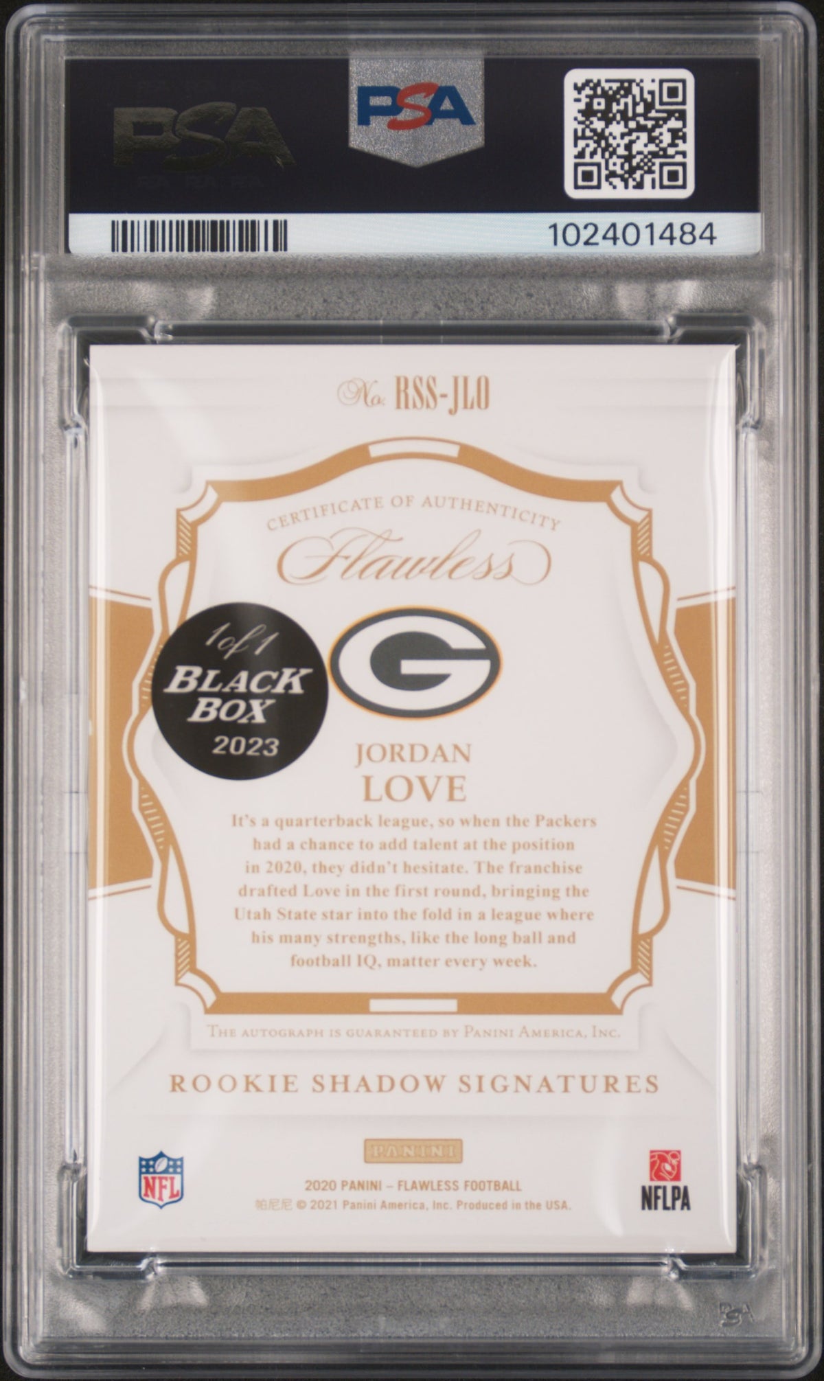 2023 Panini Black Box Jordan Love #RSSJLO '20 FLW RKE Shdw SIG Plat 1/1 PSA 8
