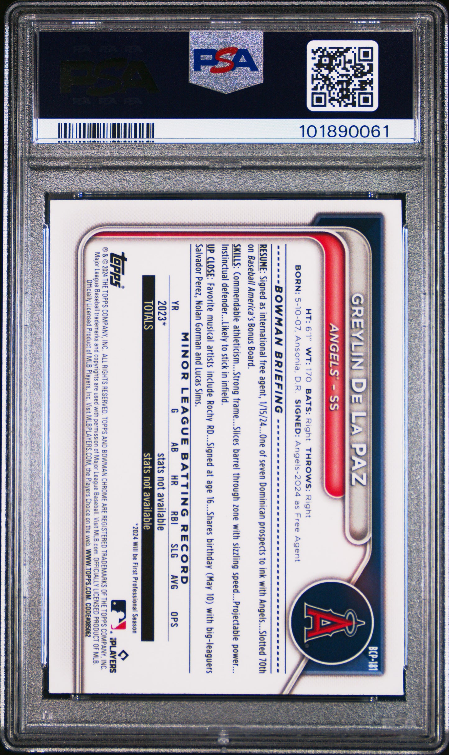 2024 Bowman Prospects Greylin De La Paz #BCP181 Purple Shimmer /250 PSA 10