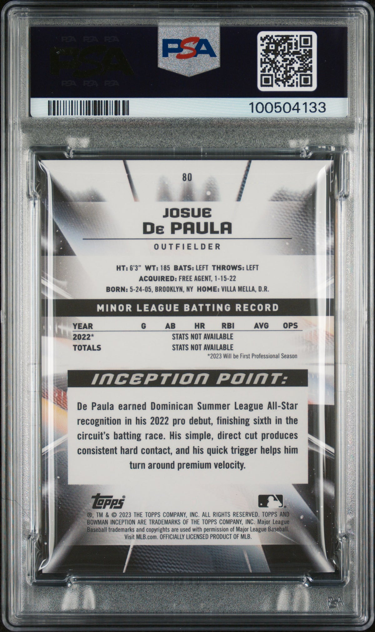 2023 Bowman Inception Josue De Paula #80 Orange Foil 06/25 PSA 8