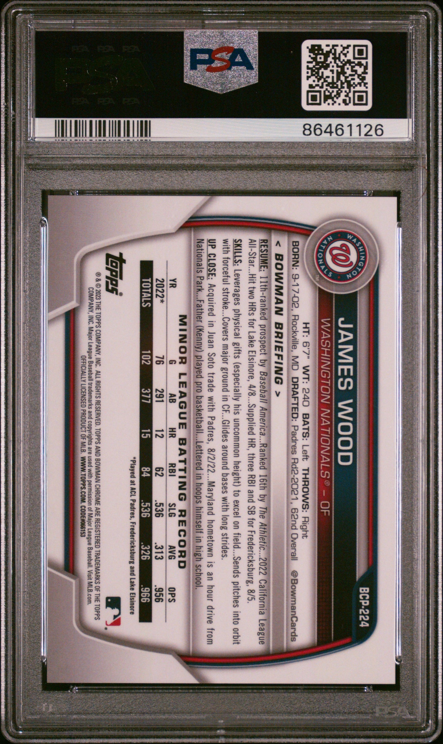 2023 Bowman Chrome Sapphire Prospects James Wood #224 Orange 40/75 PSA 10