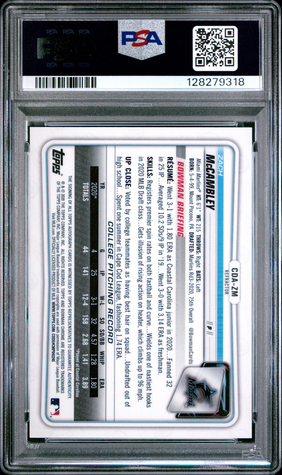 2020 Bowman Draft Chrome Draft Picks Autographs Zach Mccambley Refractor PSA 8