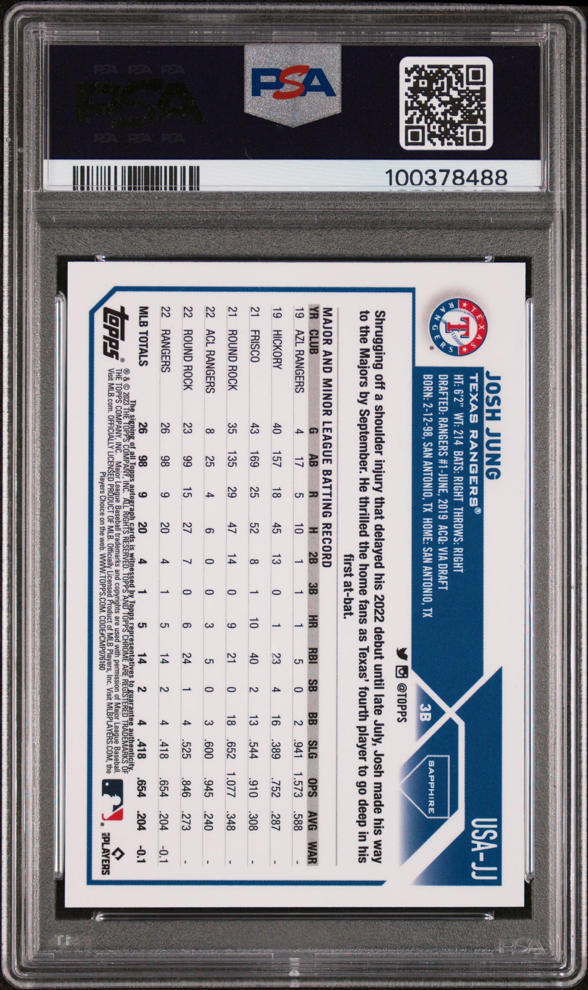2023 Topps Chrome Update Sapphire Edition Auto Josh Jung #JJ Green 90/99 PSA 10