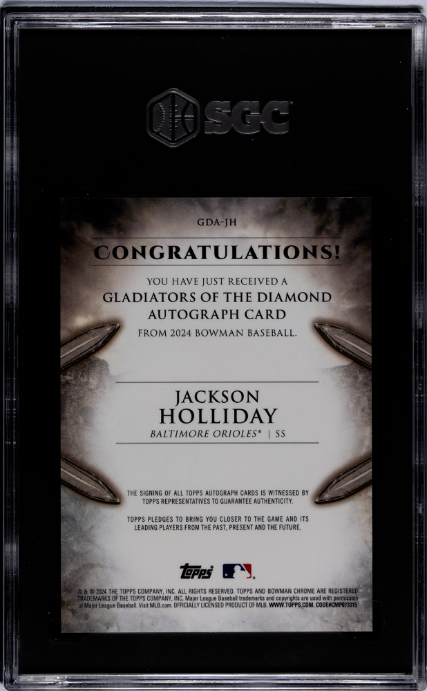 2024 Bowman Jackson Holliday #GDA-JH Gladiators Diamond Gold Ref SGC Auto 10