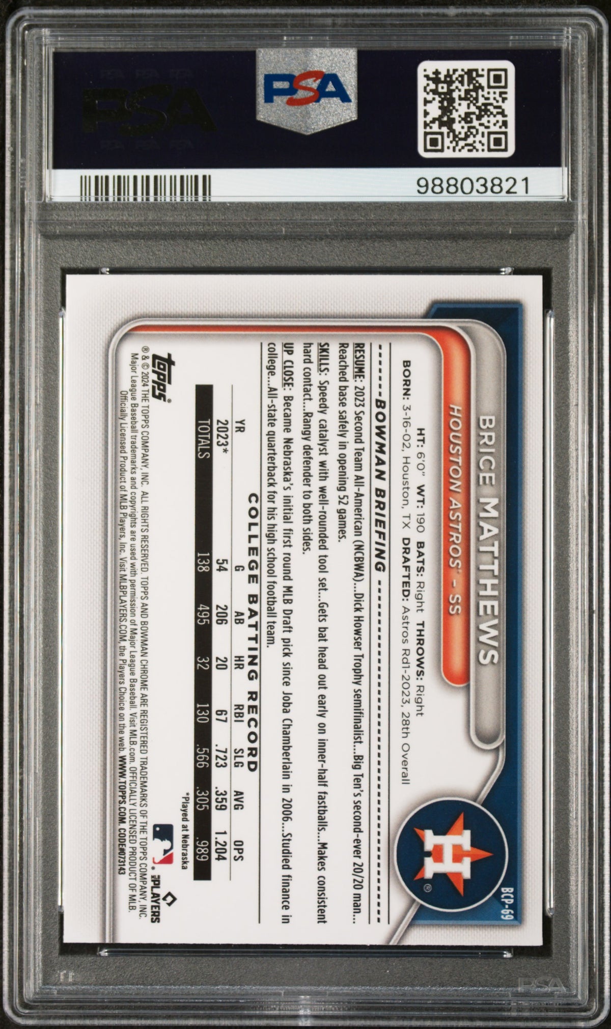 2024 Bowman Sapphire Edition Chrome Prospects Brice Matthews #BCP69 PSA 9