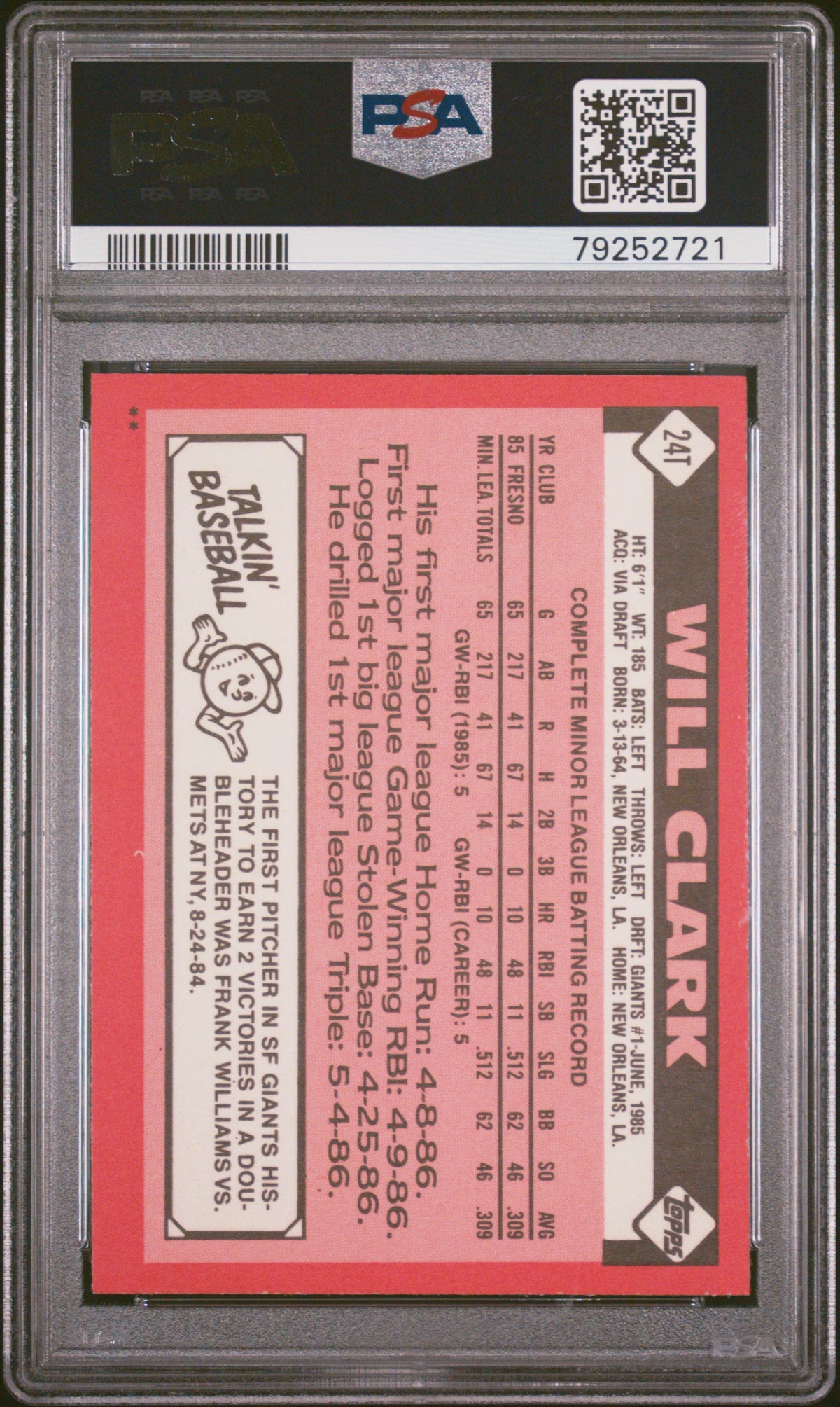 1986 Topps Traded Will Clark #24T PSA 9