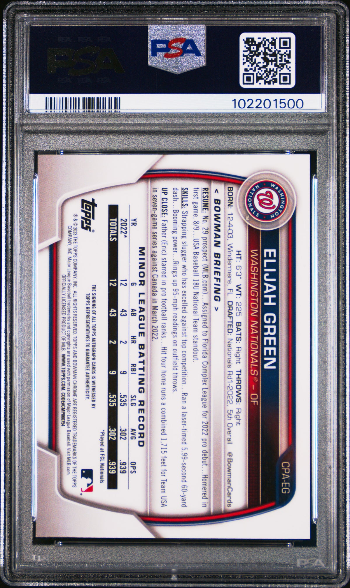 2023 Bowman Chrome Prospect Autographs Elijah Green #CPAEG Blue /150 PSA 9