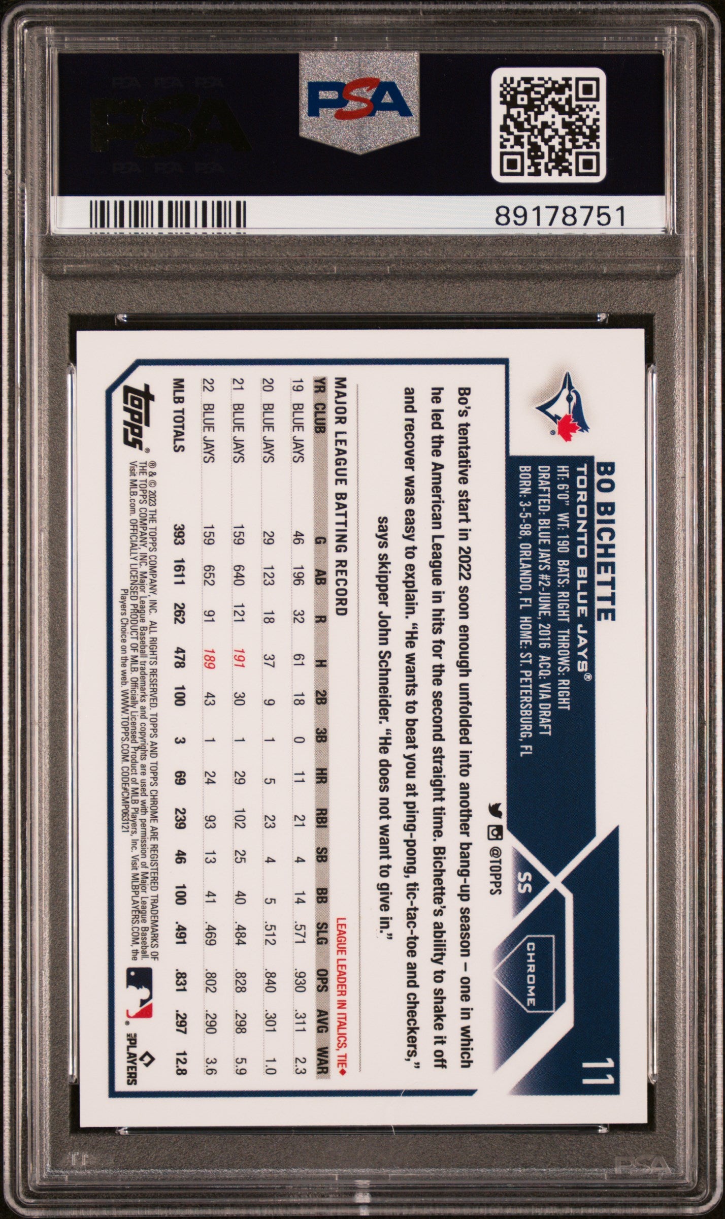 2023 Topps Chrome Bo Bichette #11 Green Refractor 39/99 PSA 10