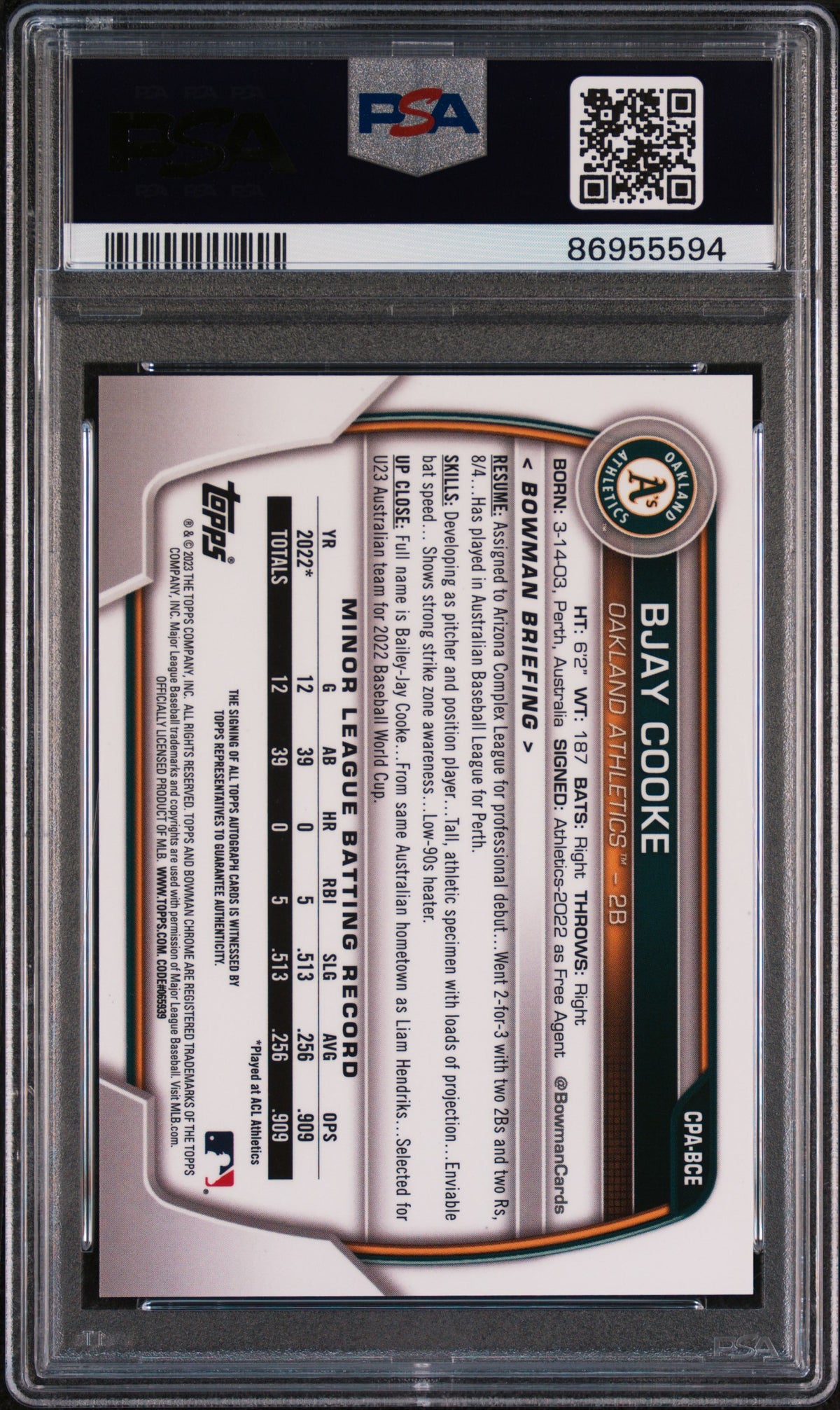 2023 Bowman Chrome Prospect Auto Bjay Cooke #CPABCE Purple Ref 024/250 PSA 10