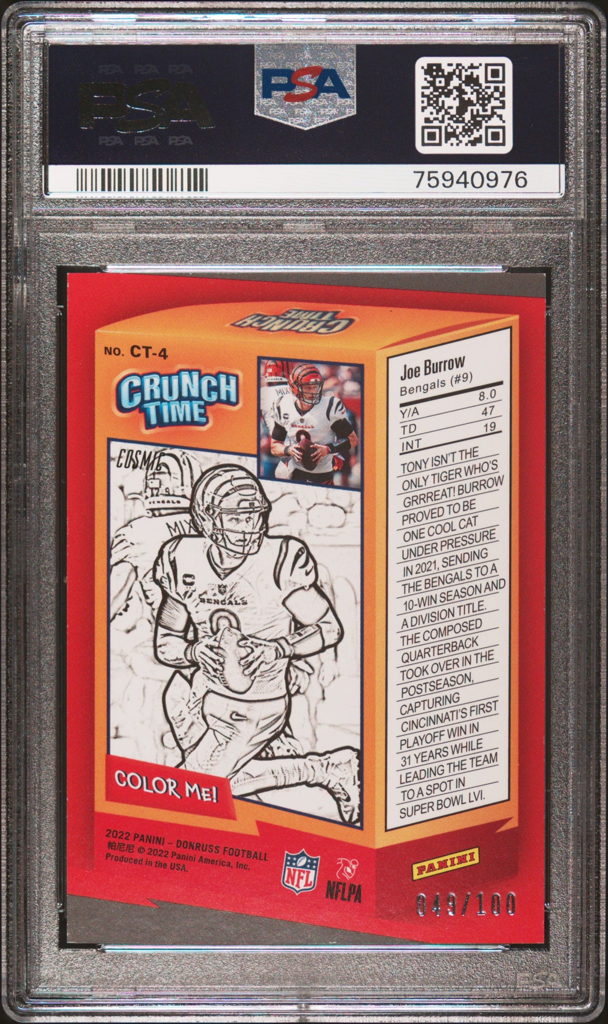 2022 Panini Donruss Crunch Time Joe Burrow #CT4 Cosmic PSA 9