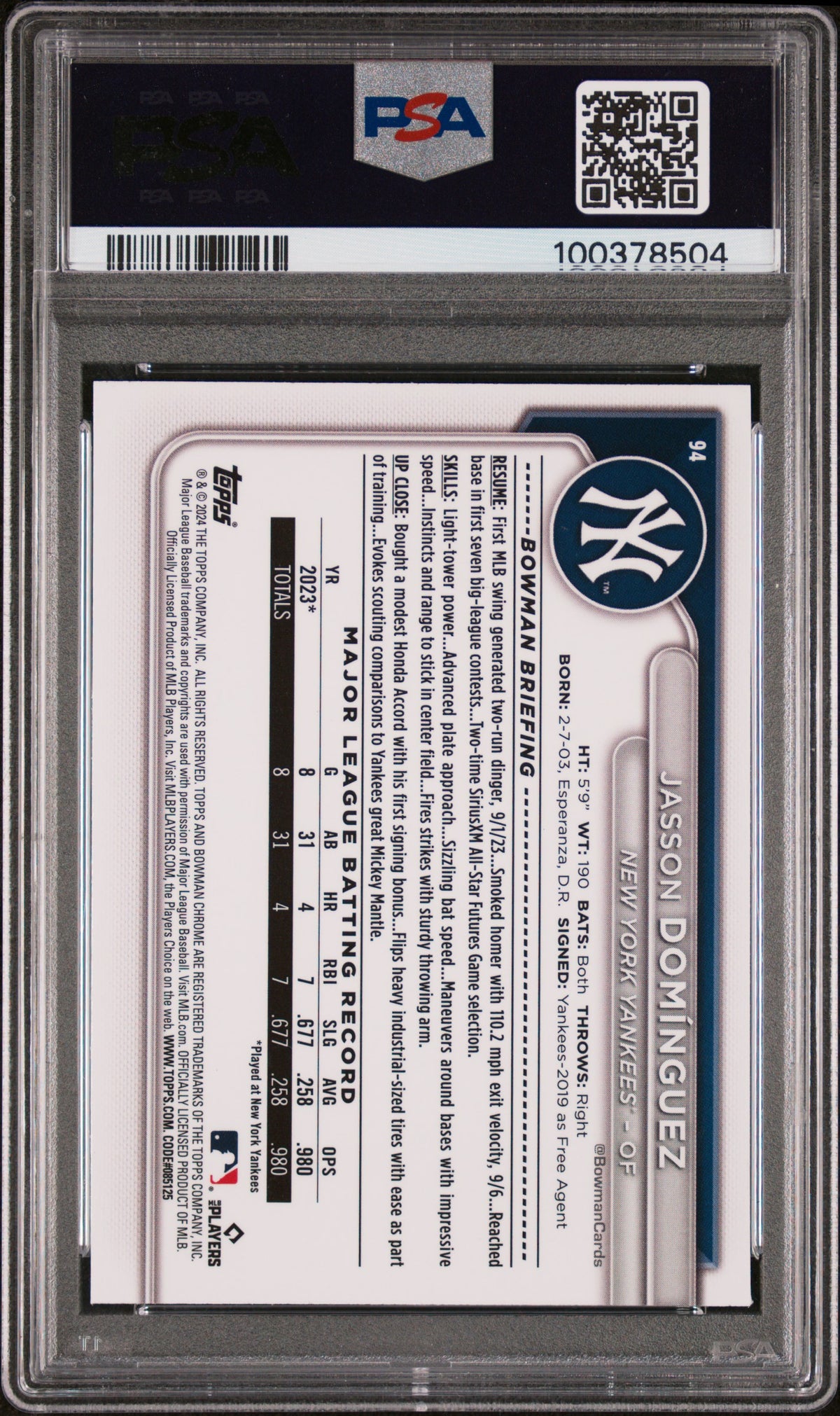 2024 Bowman Chrome Jasson Dominguez #94 SP PSA 10