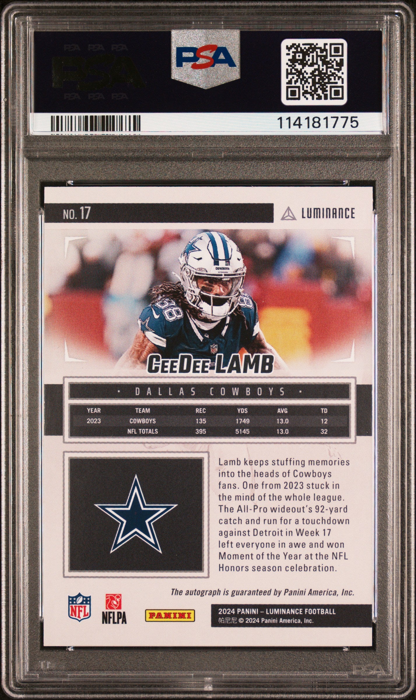 2024 Panini Luminance Ceedee Lamb #17 Autograph Green 01/25 PSA 10