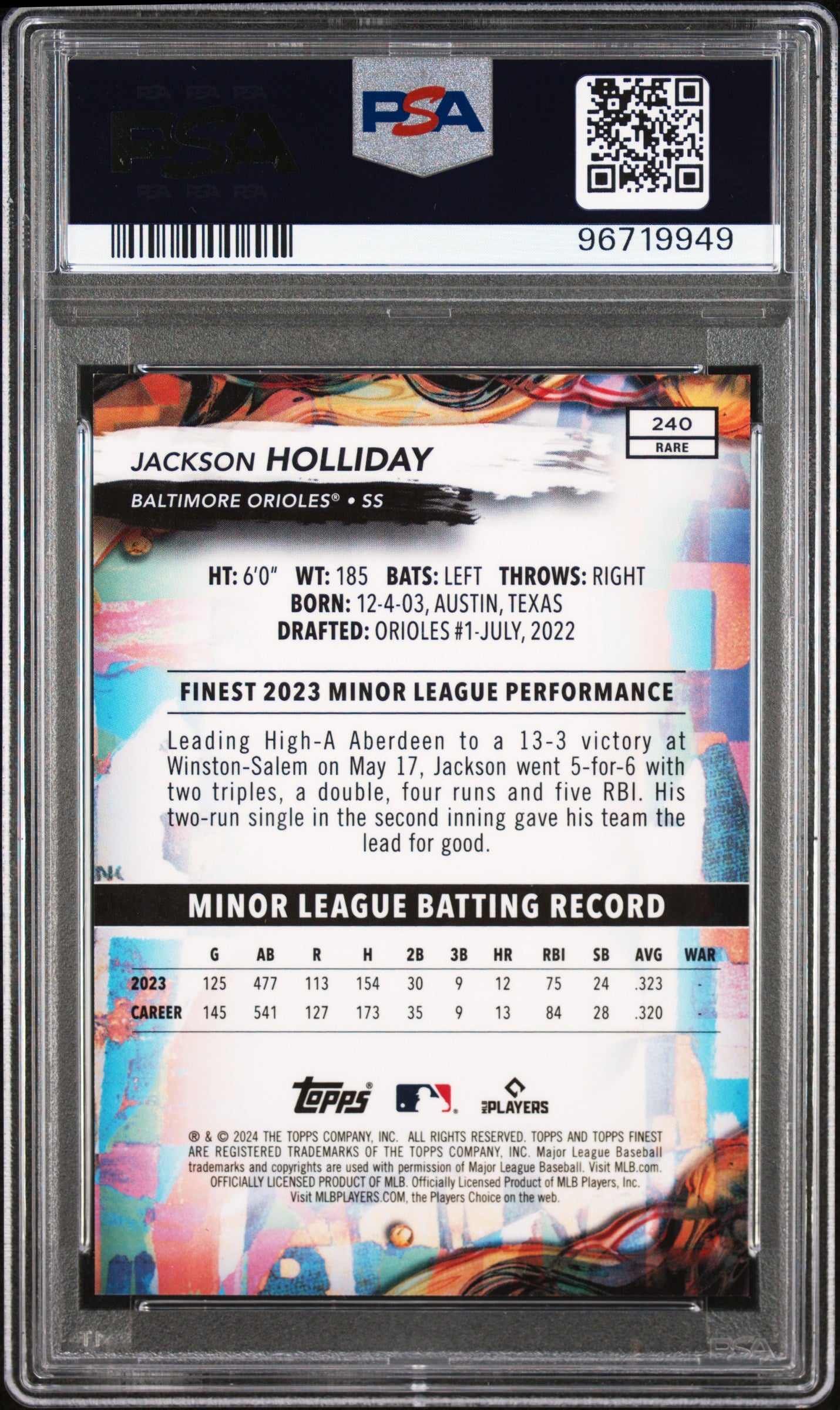 2024 Topps Finest Jackson Holliday #240 Black Refractor 07/10 PSA 10