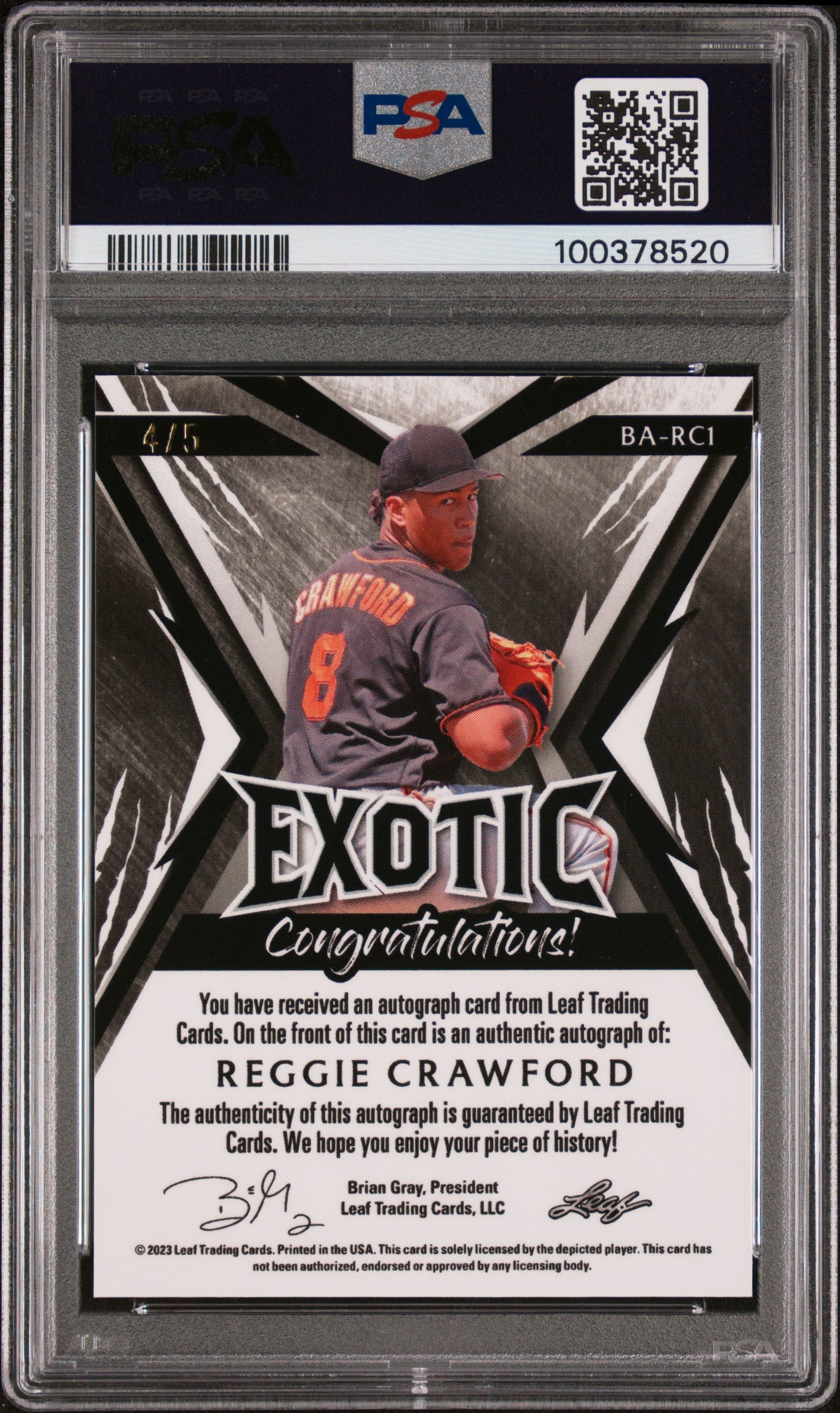 2023 Leaf Exotic Autographs Reggie Crawford #BARC1 Zebra Crystal PSA 10