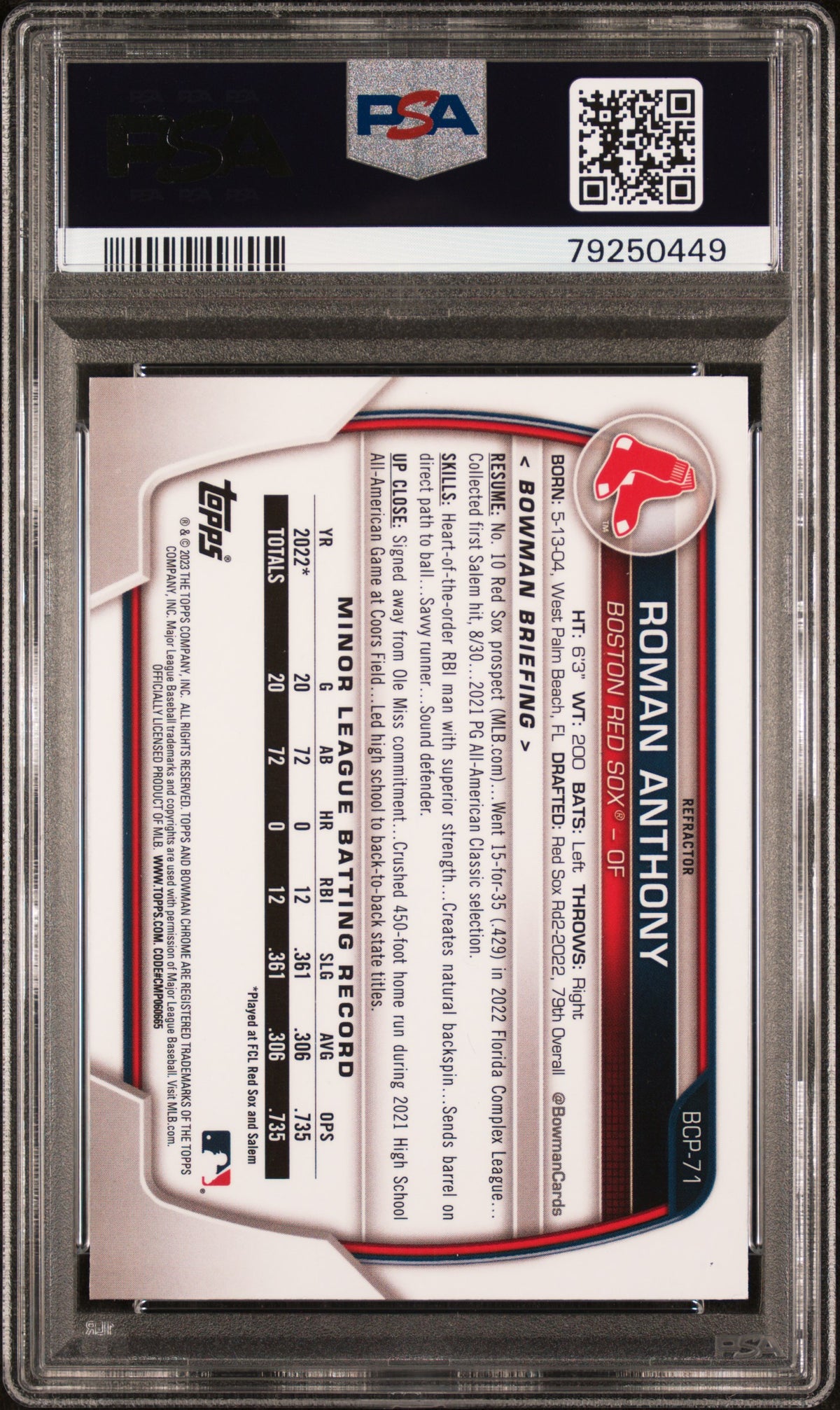 2023 Bowman Chrome Prospects Roman Anthony #BCP71 Lunar Glow Ref PSA 8