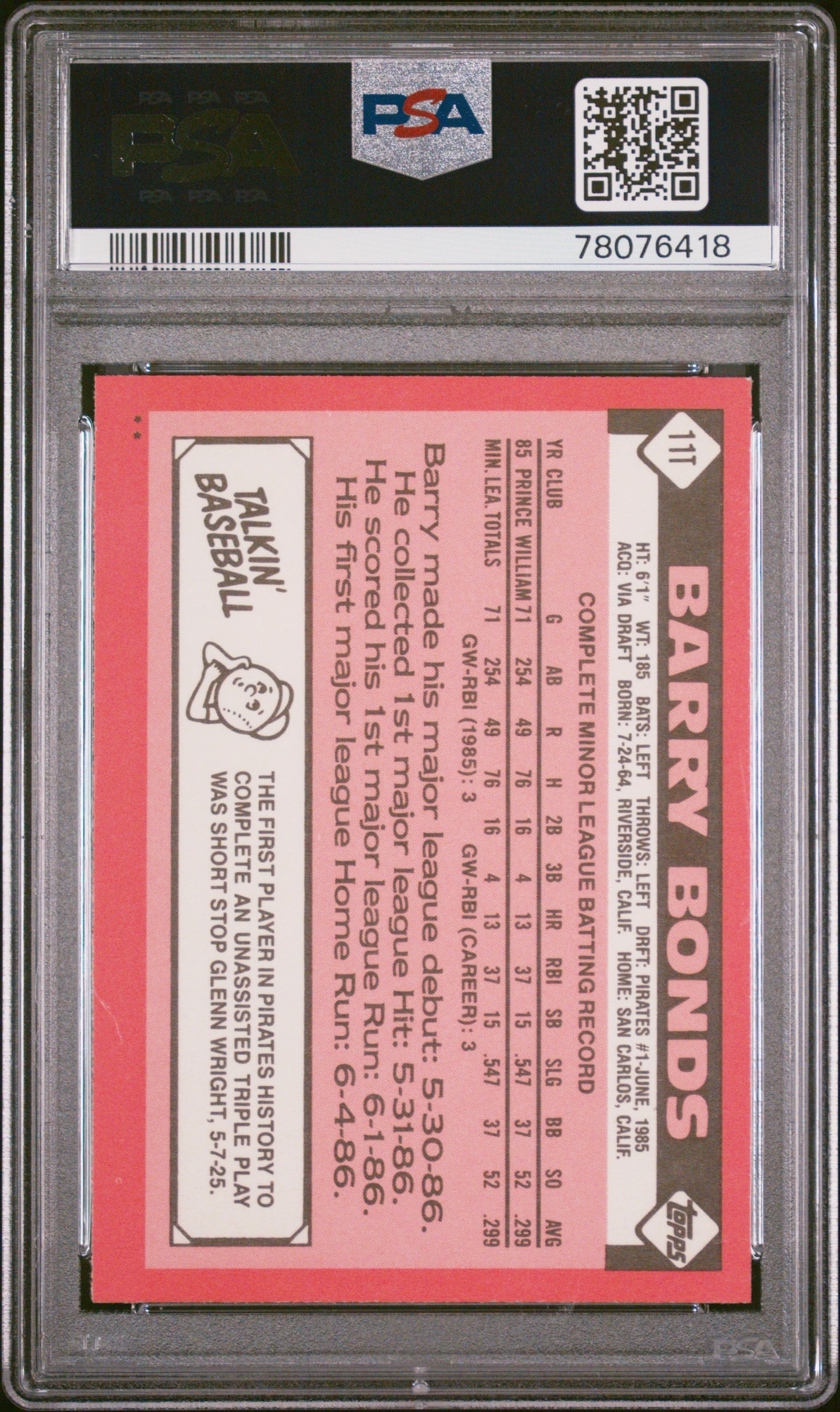 1986 Topps Traded Barry Bonds #11T PSA 8