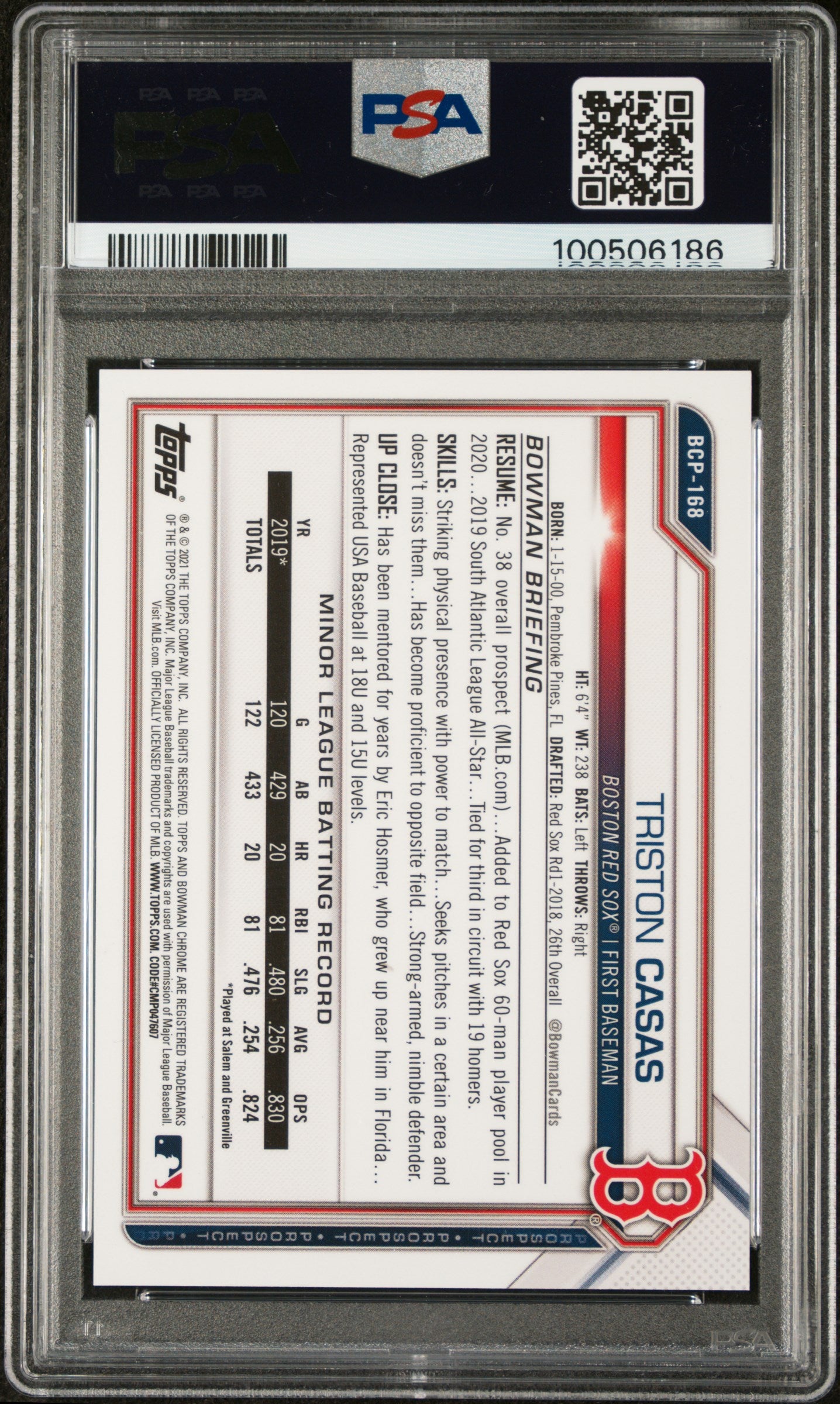 2021 Bowman Chrome Prospects Triston Casas Pros Orange Ref 75 /75 PSA 10