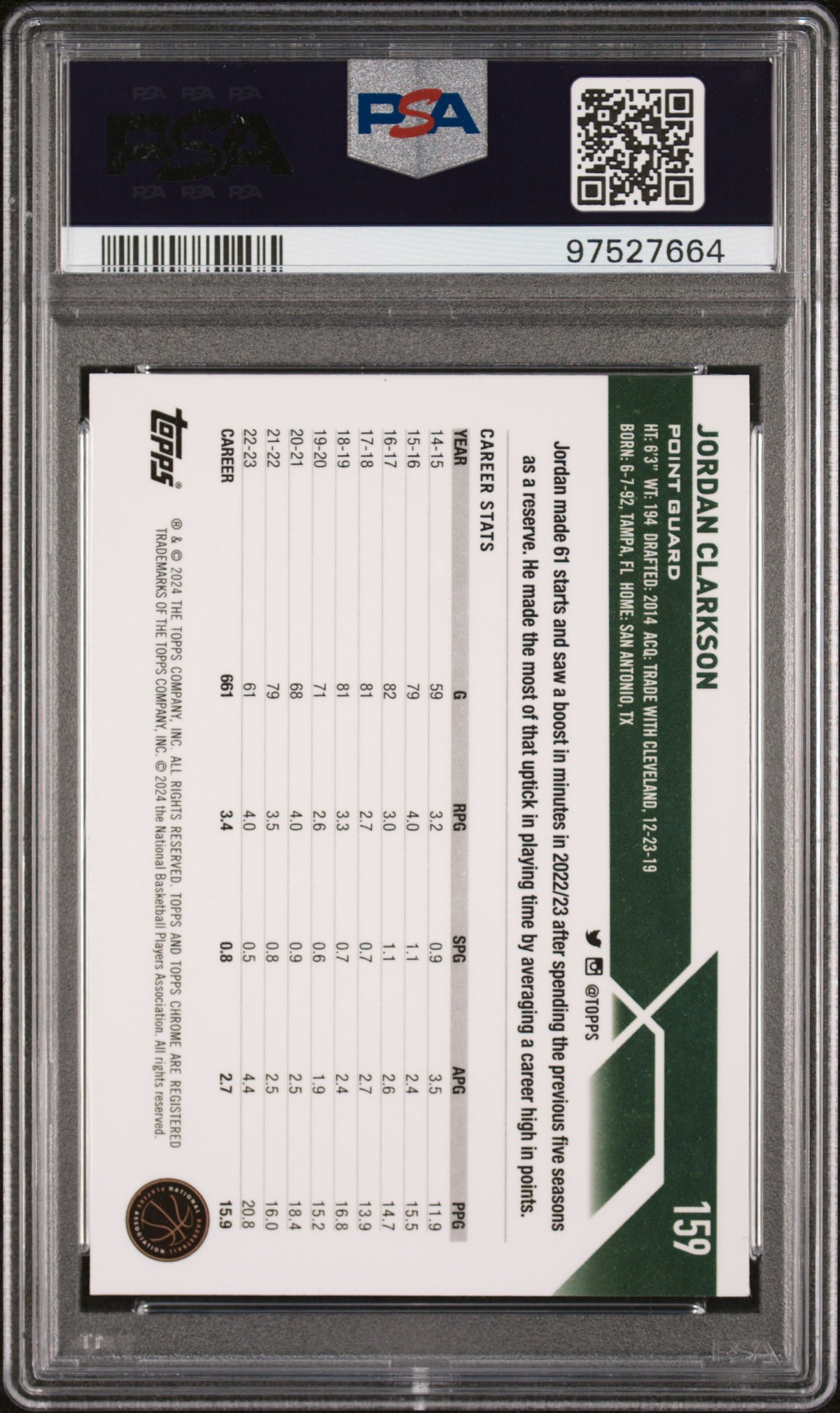 2023 Topps Chrome Jordan Clarkson #159 Purple Refractor 250/349 PSA 9